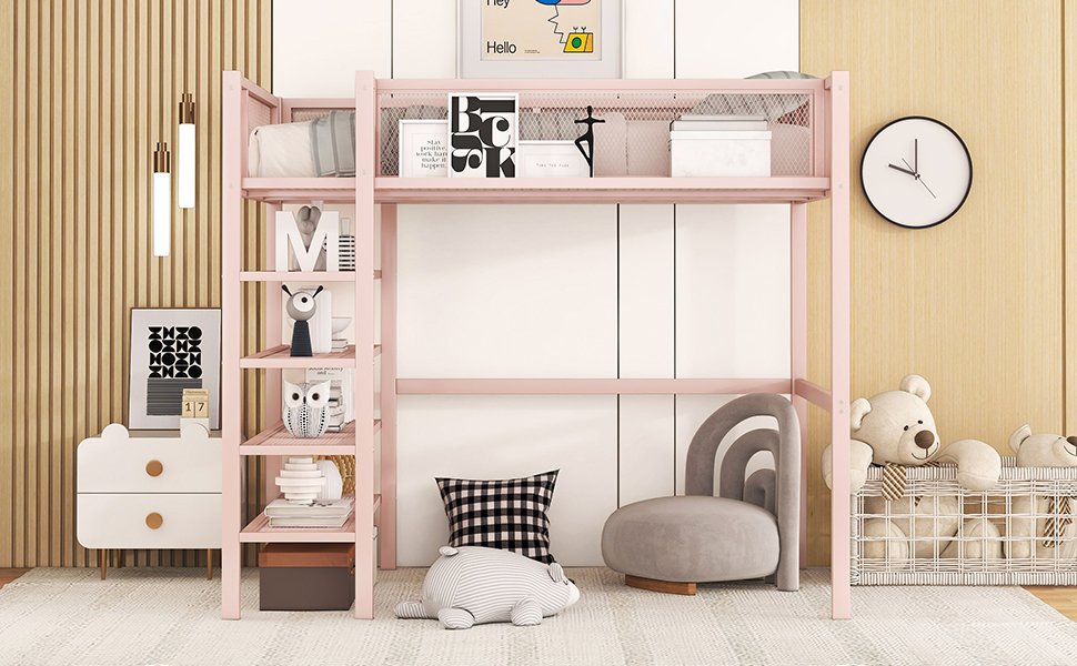 Twin Size Loft Bed With 4 Tier Shelves And Storage - Pink - Image 13