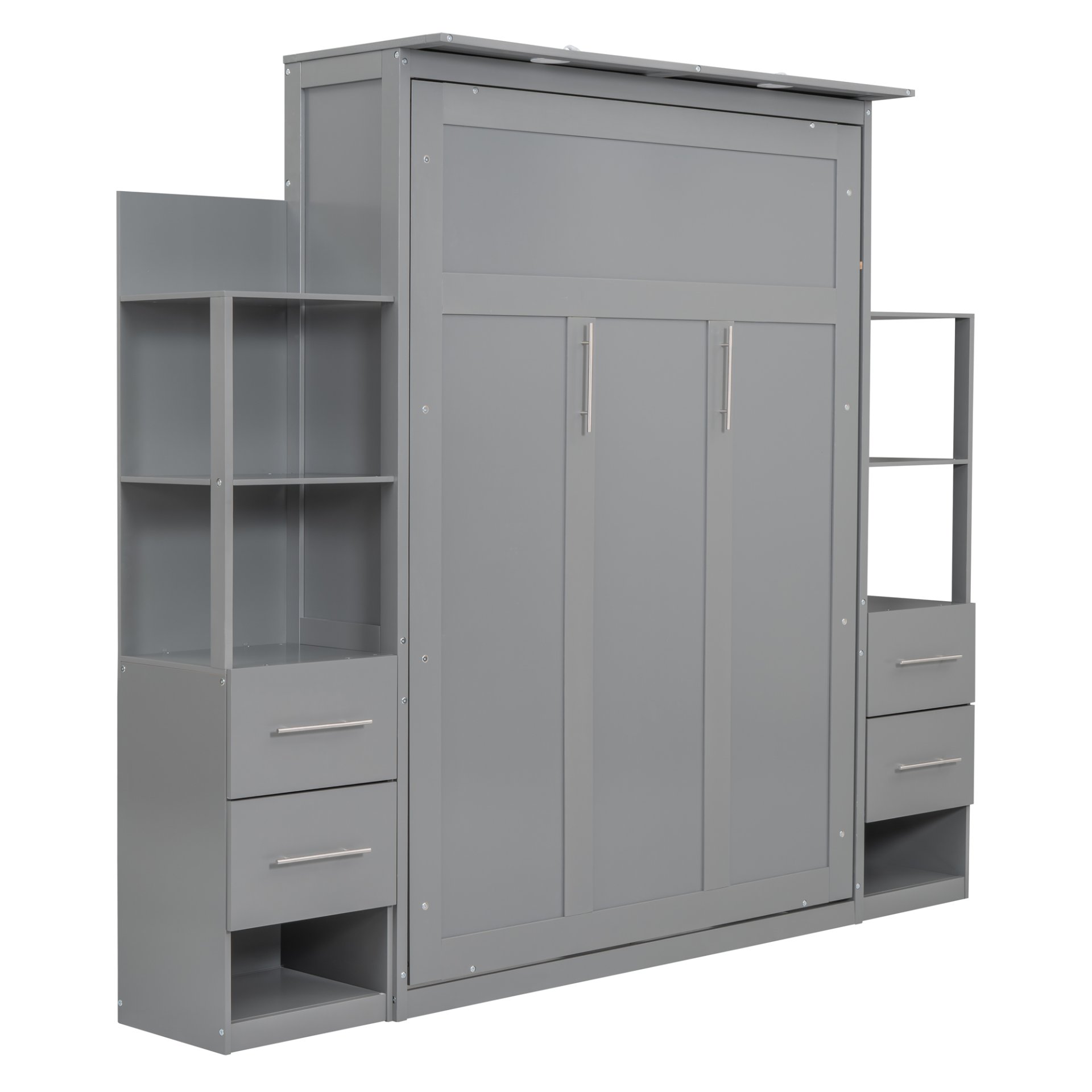 Full Size Murphy Wall Bed & Shelves, Drawers And LED Lights - Gray - Image 5