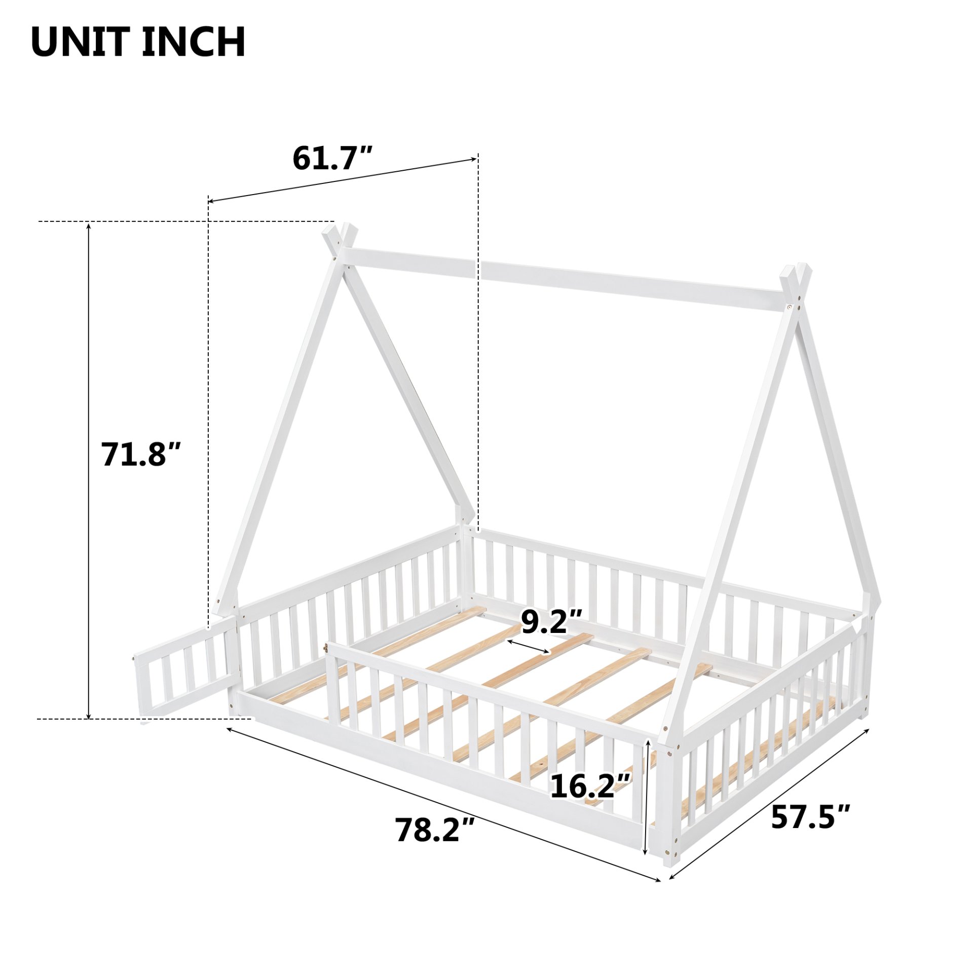 Full Tent-Shaped Floor Bed, With Guardrails, Slats, Door - White - Image 11