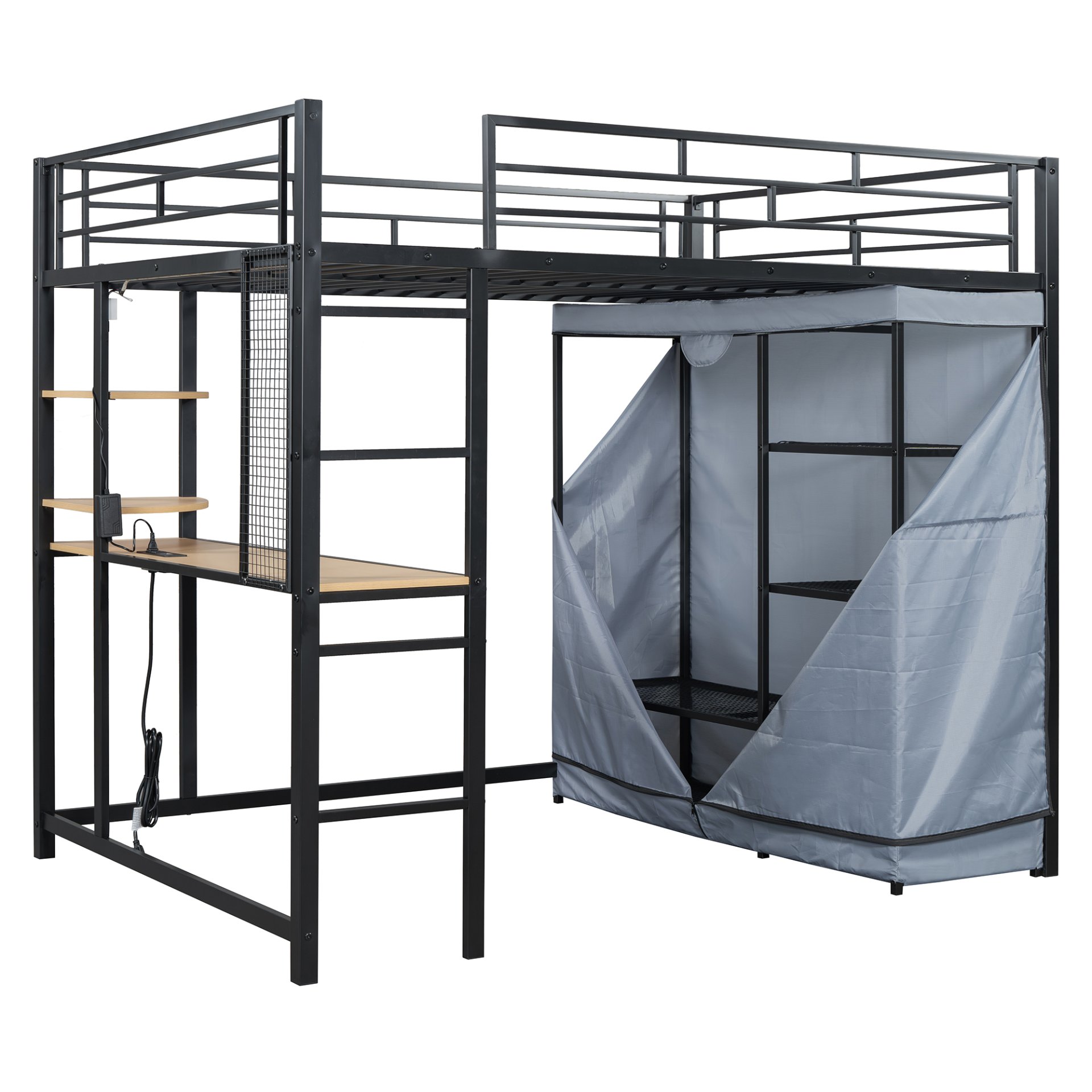 Full Size Loft Bed With Desk, Shelves, Power Outlet, LED Light And Wardrobe - Black - Image 4