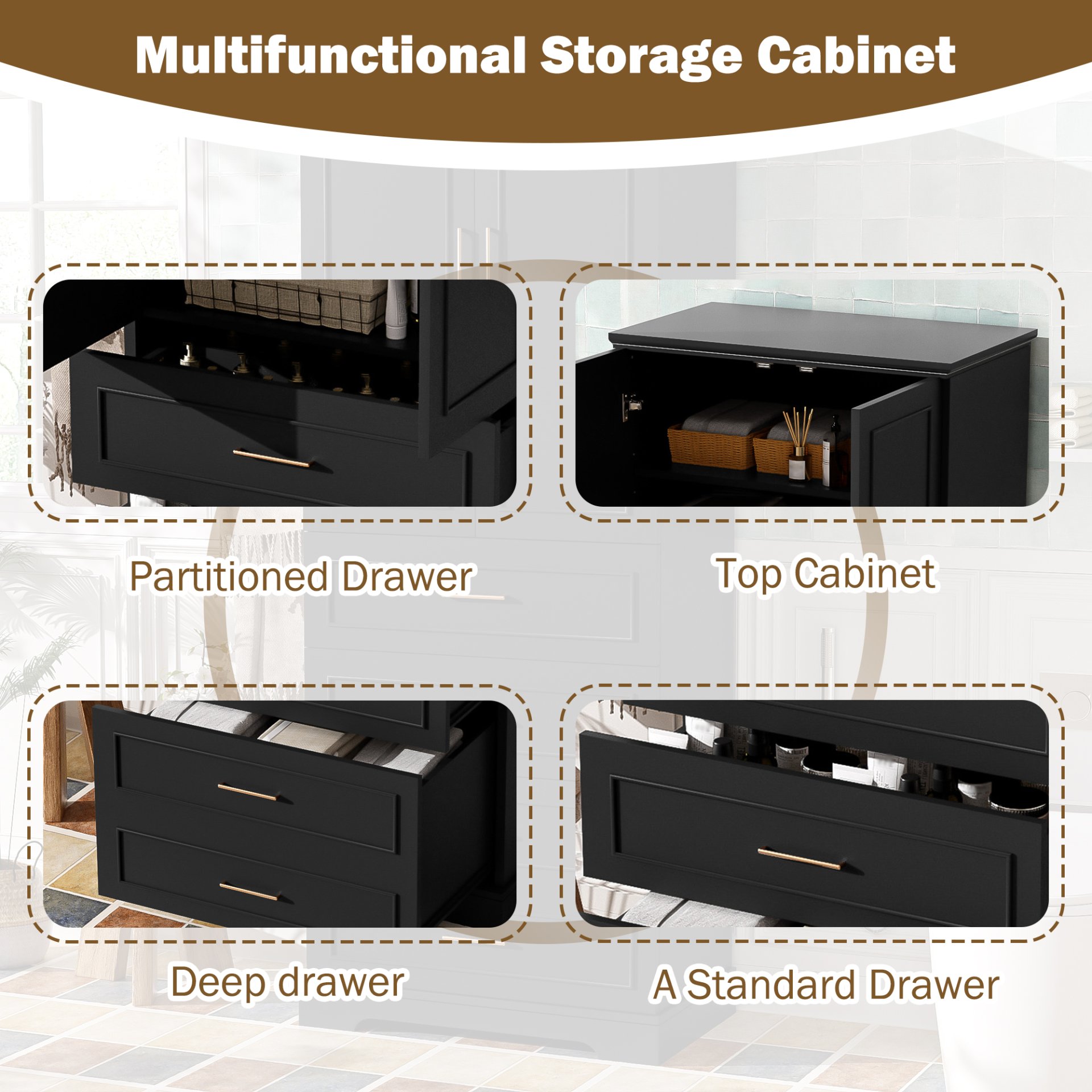 Bathroom Cabinet With 3 Drawers, Adjustable Shelf, Panels, Steel Handles, Soft Close Doors - Black - Image 8