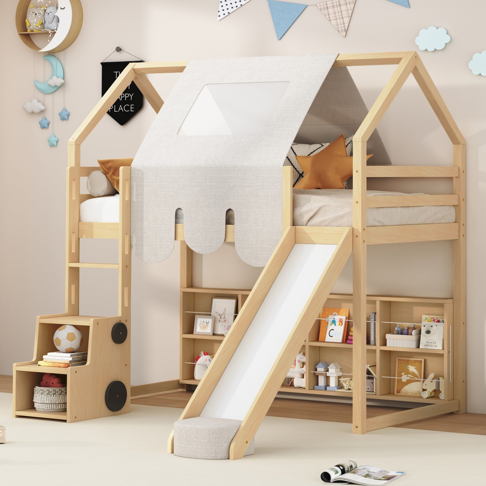 Twin Size Loft Bed With House Shaped Frame And Tent - Natural / Beige - Image 2