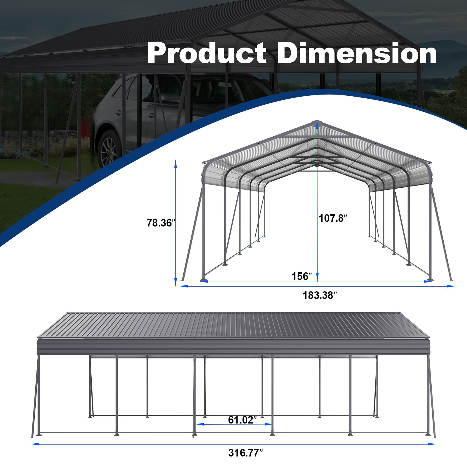 Metal Carport 13 X 26.5 Ft Heavy Duty With Galvanized Steel Roof Metal Garage Canopy With Galvanized Steel Roof & Frame Car Tent Outdoor Storage Shed For Car Boats And Truck - Gray - Image 3