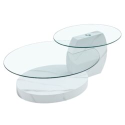 Modern Marble Pattern Coffee Table Versatile Design, Tempered Glass, Oval Countertop - Transparent / White