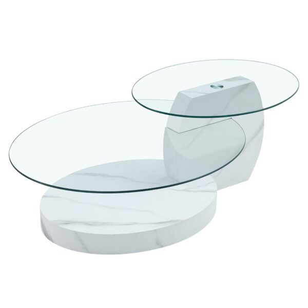 Modern Marble Pattern Coffee Table Versatile Design, Tempered Glass, Oval Countertop - Transparent / White