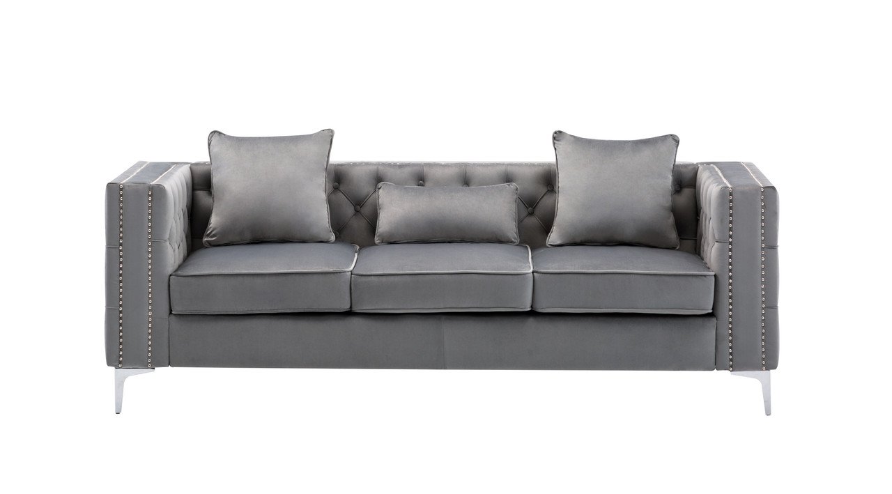 Lorreto - Velvet Fabric Sofa, Loveseat, Chair Living Room (Set of 3) - Gray - Image 5