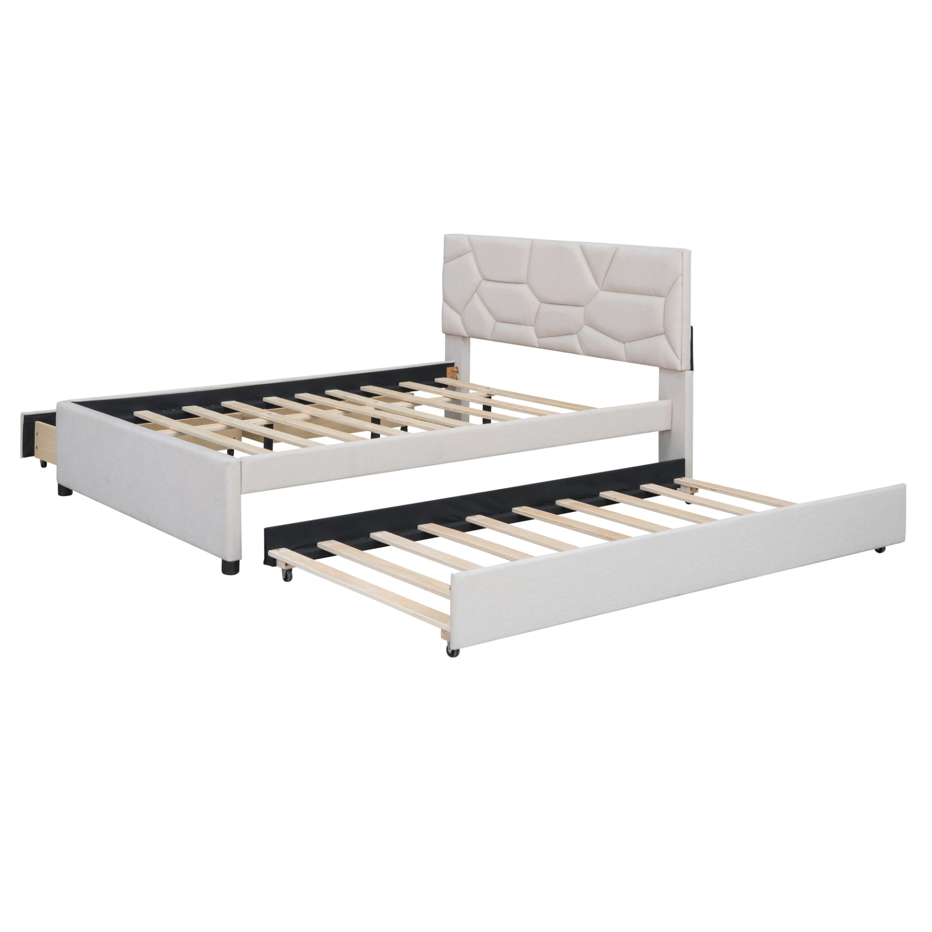 Full Size Upholstered Platform Bed With Brick Pattern Headboard, With Twin Size Trundle And 2 Drawers - Beige - Image 5