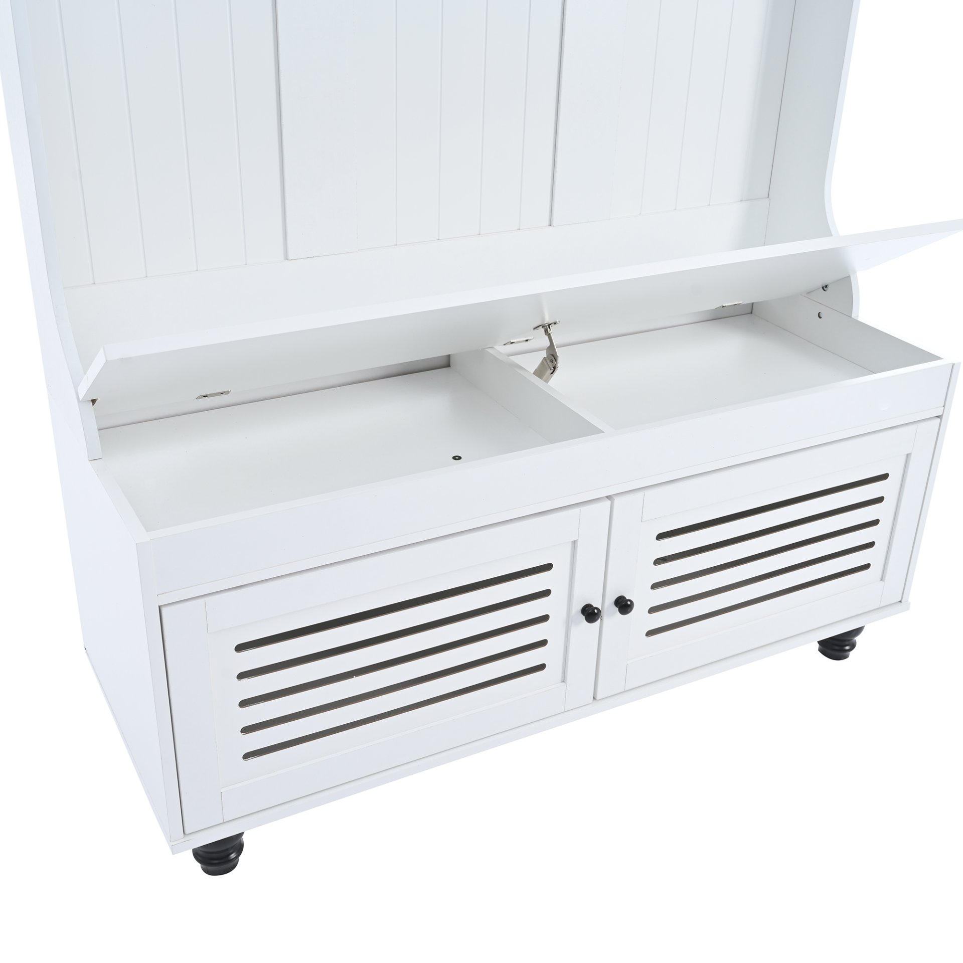 5 In 1 Entryway Bench With Shutter - Shaped Doors, Coat Rack, Cushion And 4 Sturdy Hooks, Wide Hall Tree With Storage Bench For Hallway, Entryway, Living Room - White - Image 5