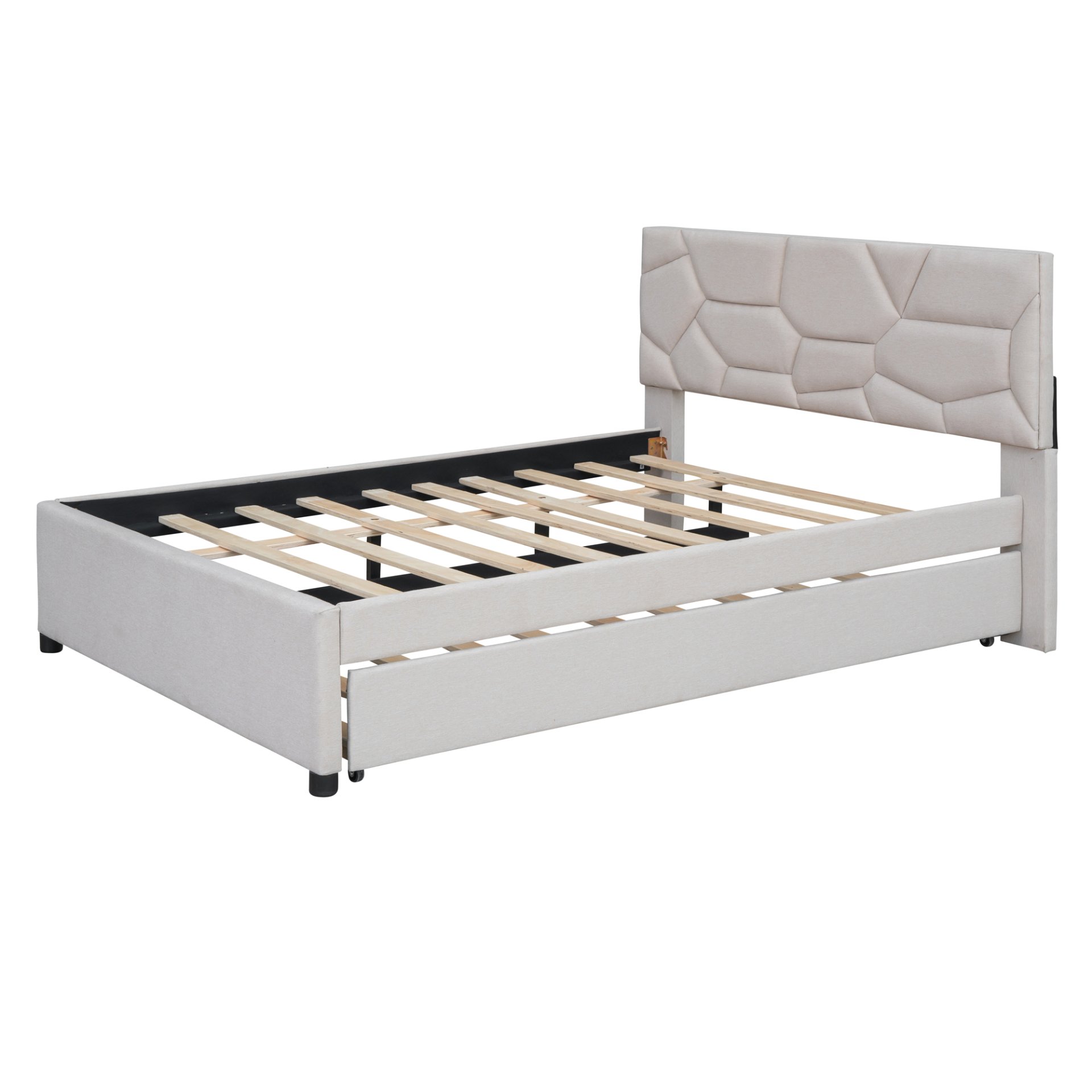 Full Size Upholstered Platform Bed With Brick Pattern Headboard And Twin Size Trundle - Beige - Image 3