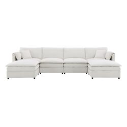 Chenille Modular Sectional Sofa, U Shaped Cloud Couch Set With Double Cushions, 6 Seat Sleeper Sofa Bed With Ottomans, Oversized Indoor Furniture - Cream