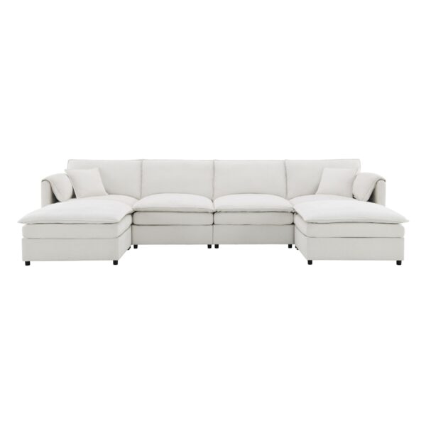 Chenille Modular Sectional Sofa, U Shaped Cloud Couch Set With Double Cushions, 6 Seat Sleeper Sofa Bed With Ottomans, Oversized Indoor Furniture - Cream