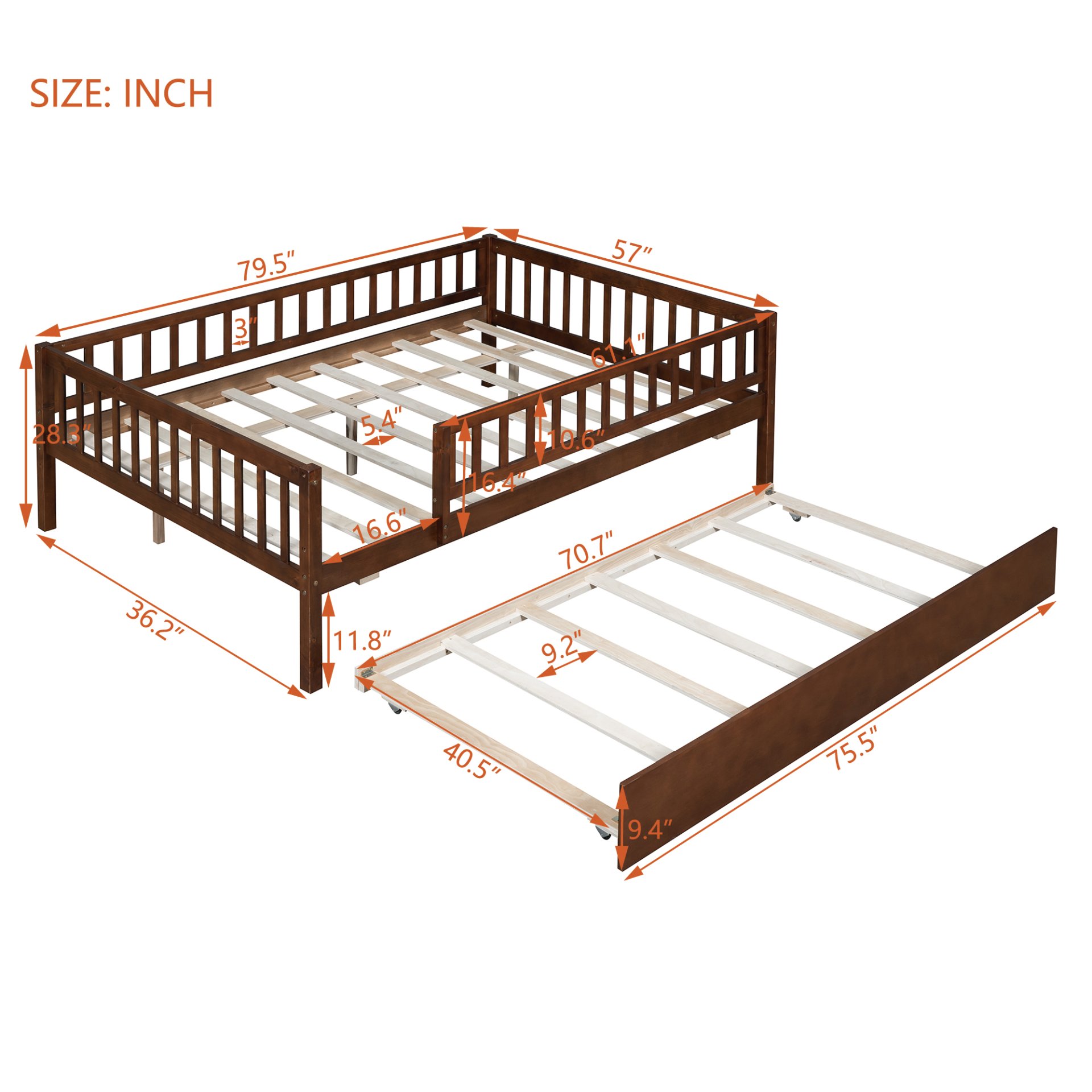 Full Size Daybed With Trundle And Fence Guardrails - Walnut - Image 3