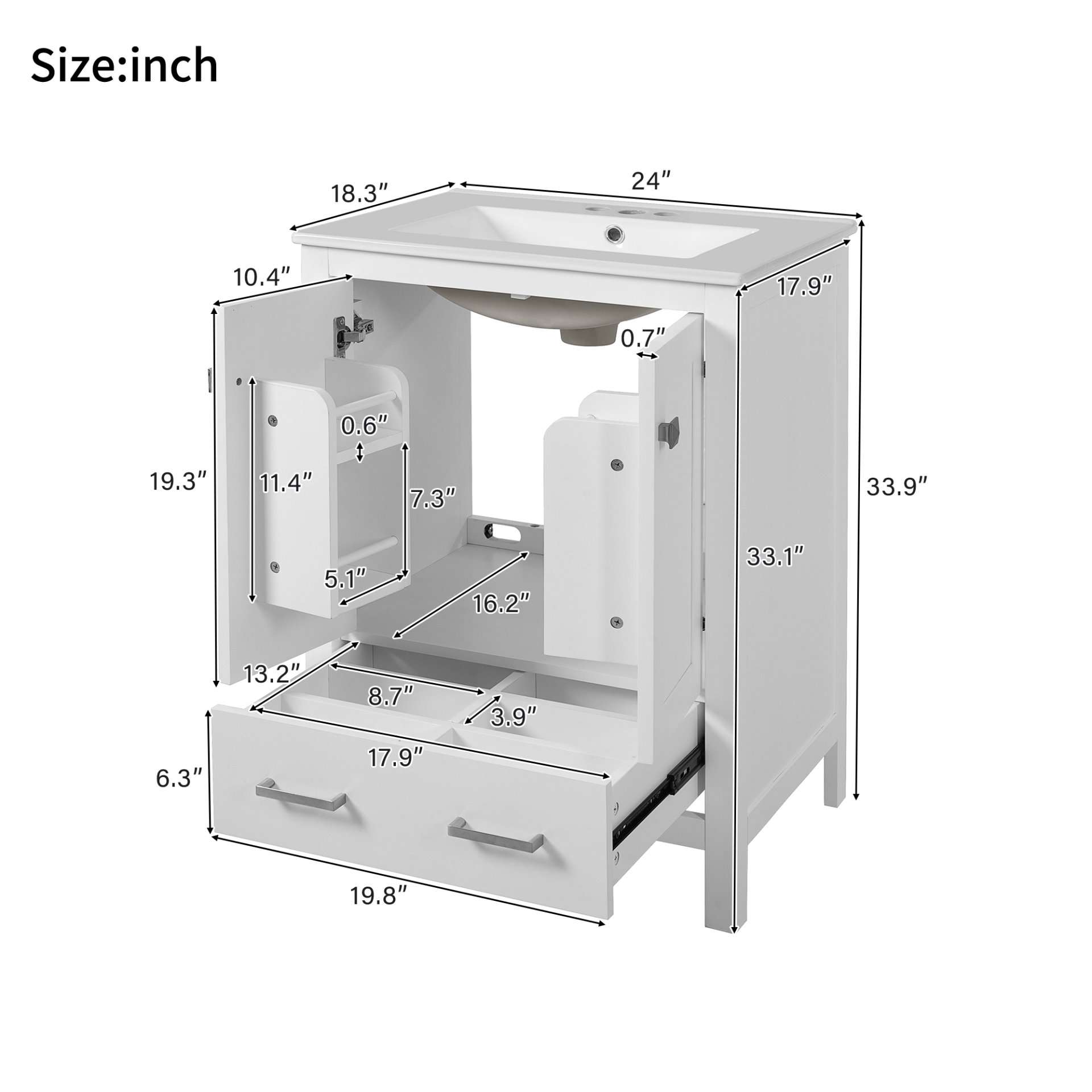 24" Bathroom Vanity With Integrated Undermount Sink, Soft Close Doors, 2 Doors 1 Drawer Storage - White - Image 4