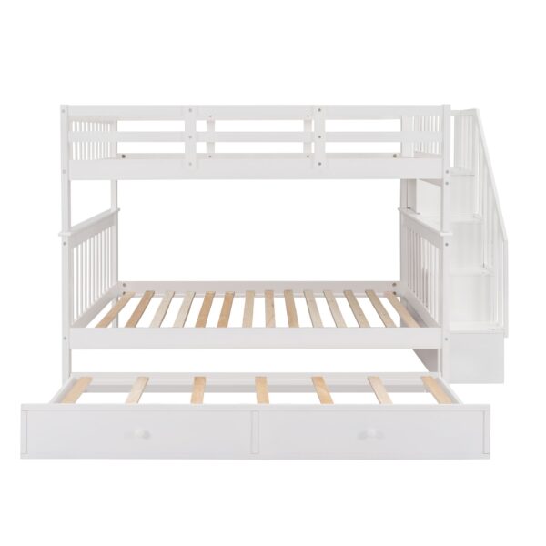 Full Over Full Stairway Bunk Bed With Twin Size Trundle, Storage And Guard Rail For Bedroom - White