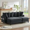 Upholstered L Shaped Sectional Sofa With Storage, Movable Ottoman, And 6 Throw Pillows - Black - Image 12