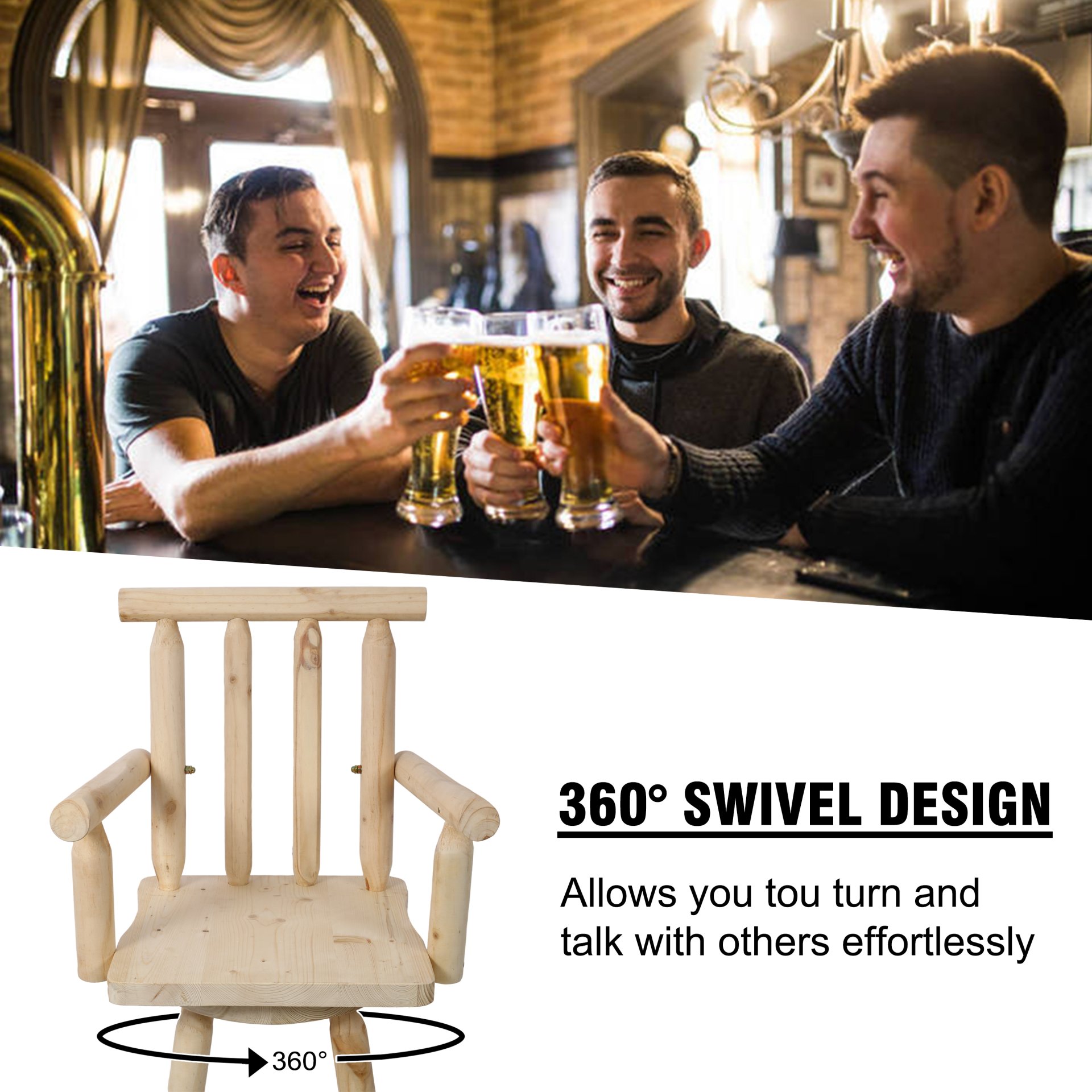 Rustic Fir Wood Bar Stool With Footrest And Wide Armrest For Kitchen, Dining Room, Or Bistro - Light Brown - Image 2