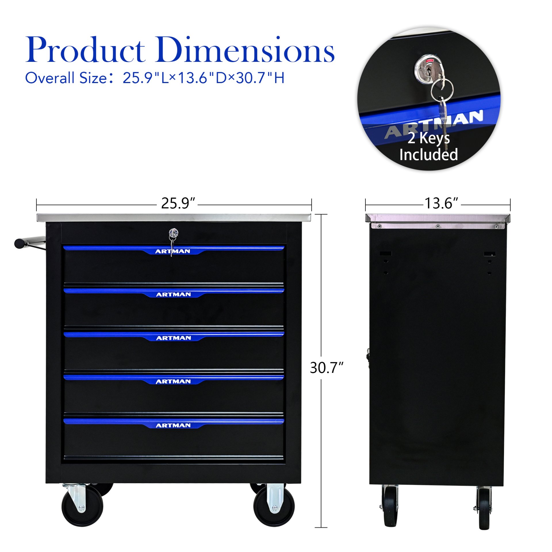 5 Drawer Multifunctional Tool Cart With Wheels - Black / Blue - Image 4