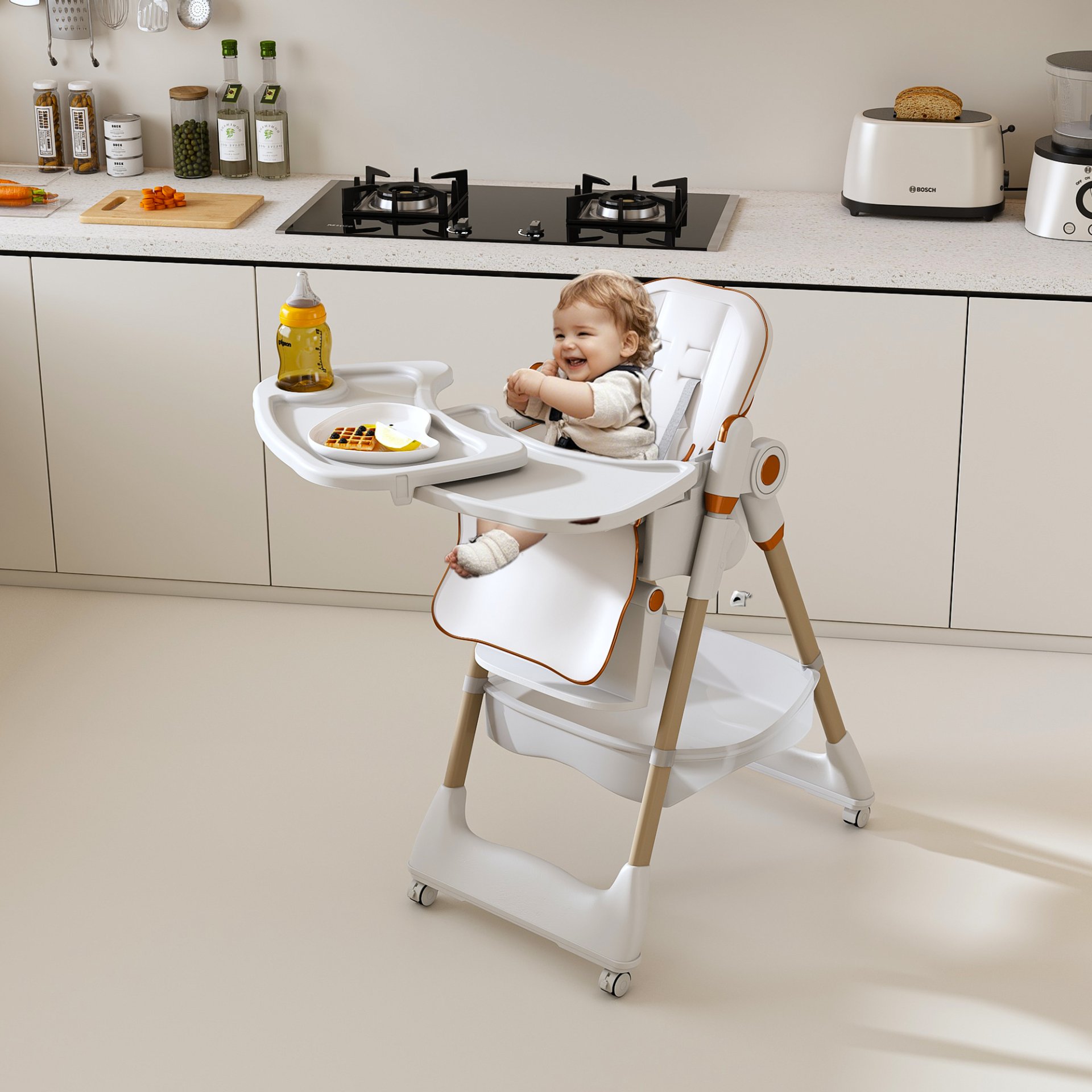 Adjustable Baby High Chair 0 - 6 Years, Portable Infant Feeding Seat With Safety Belt, Silent Lockable Wheels - White - Image 9