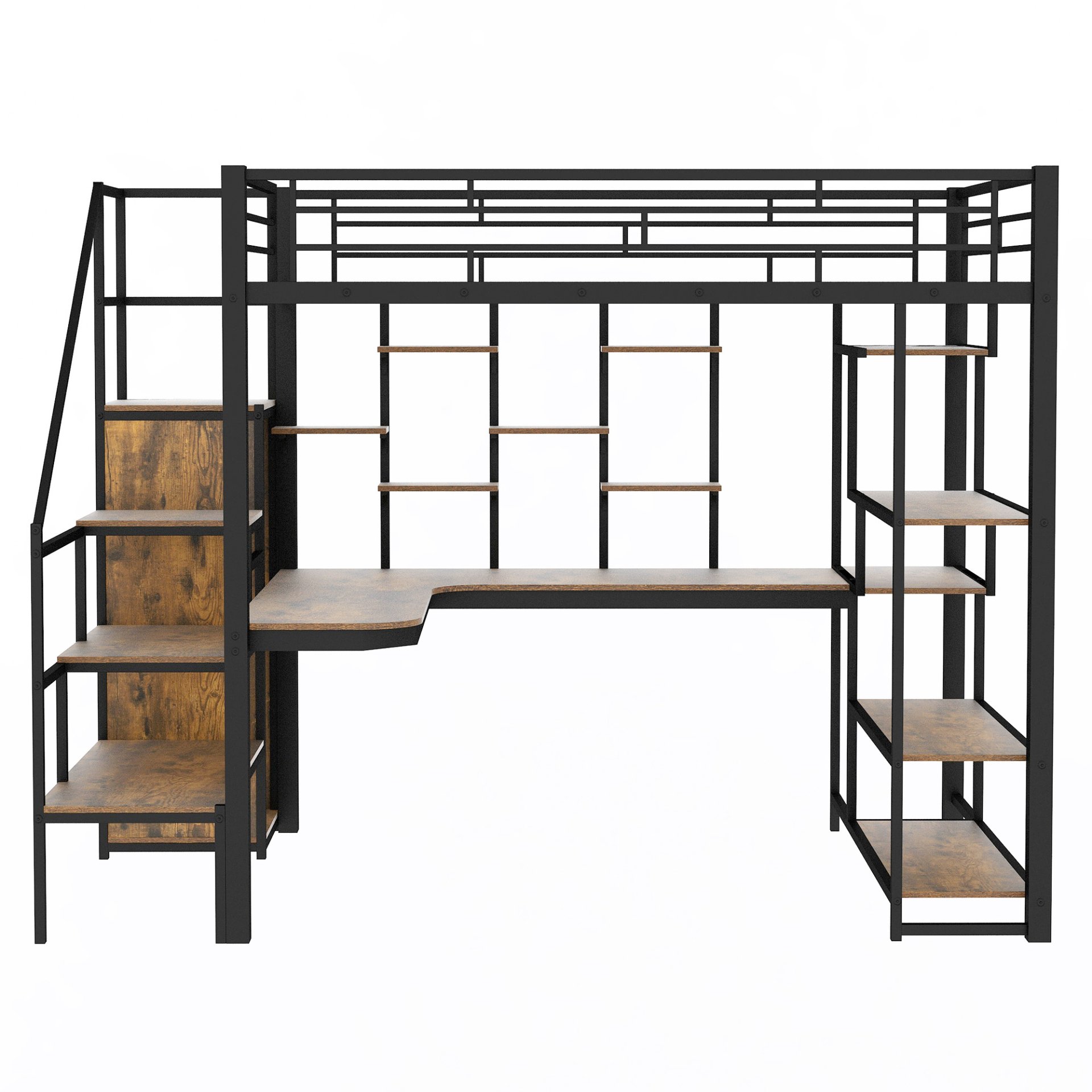 Full Size Metal Loft Bed With Storage Staircase And Small Wardrobe, Built - In Desk And Storage Shelves - Black - Image 13