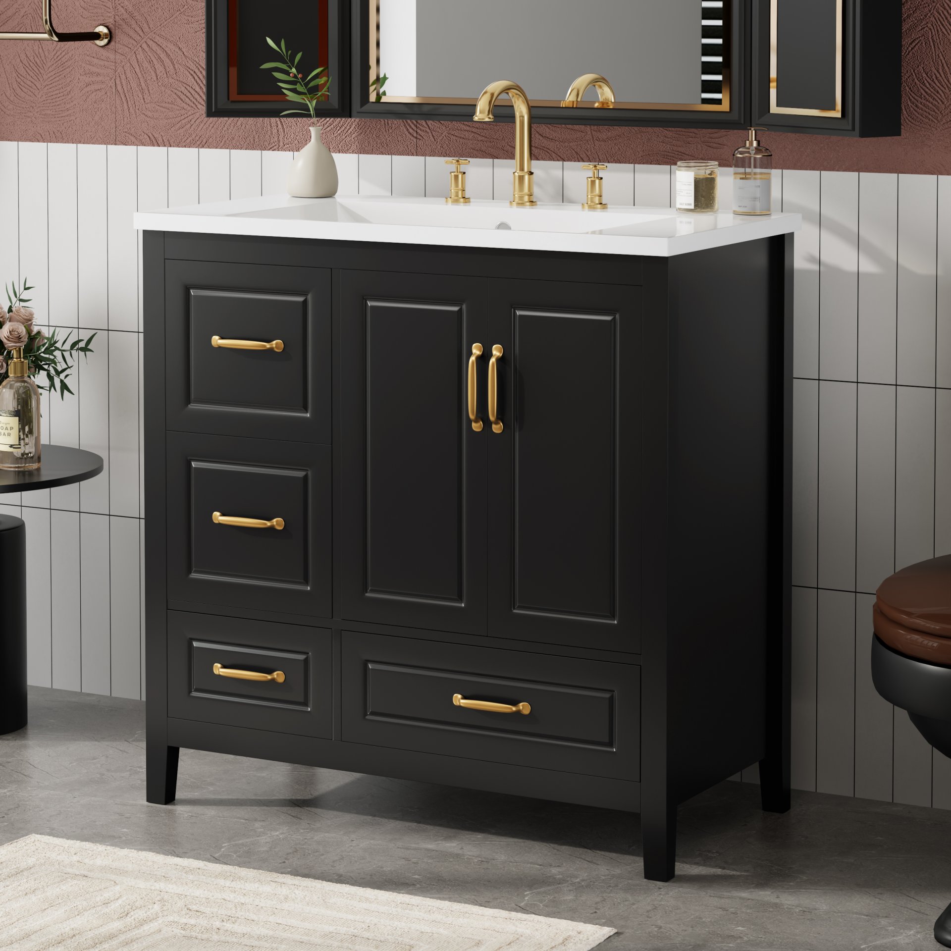 Bathroom Vanity With Sink, Soft Closing Doors & Drawers, Metal Handles - Black - Image 5
