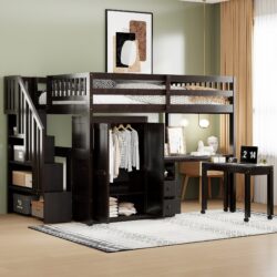 Full Size Loft Bed With Stairs, Bookshelf, Drawers, Desk & Wardrobe, Space Saving Multifunctional Furniture - Espresso