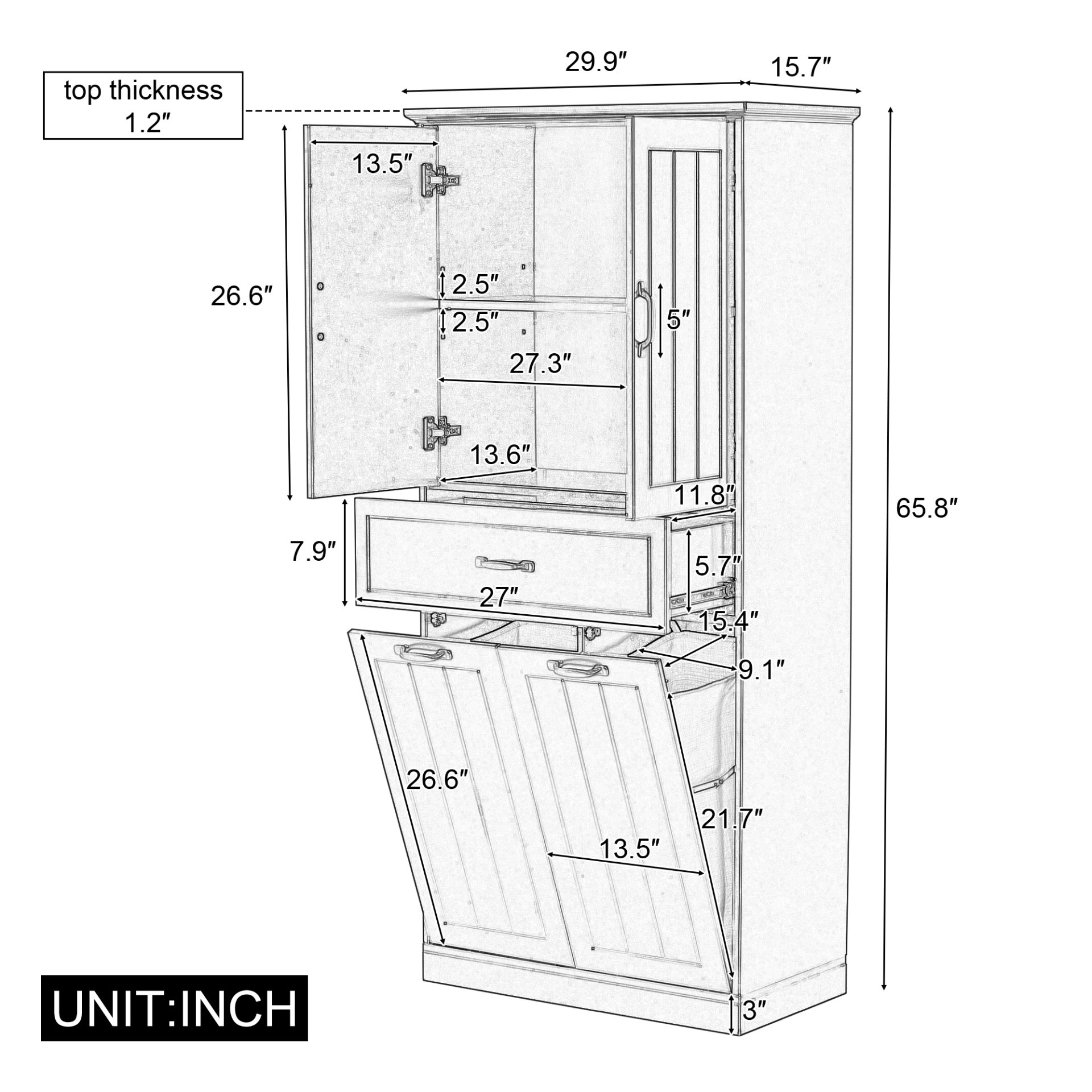 Modern Bathroom Storage Cabinet With 2 Laundry Baskets, 1 Drawer, Adjustable Shelf - White - Image 3