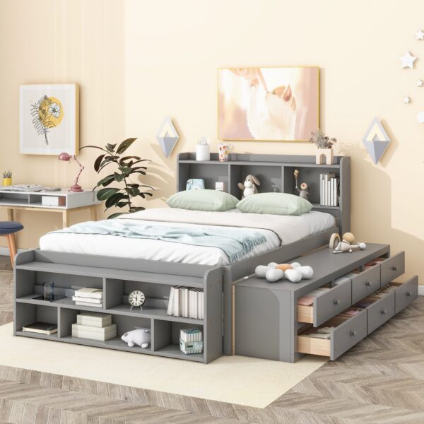Full Bed With Bookcase Headboard, Under Bed Storage Drawers And Bed End Storage Case - Gray