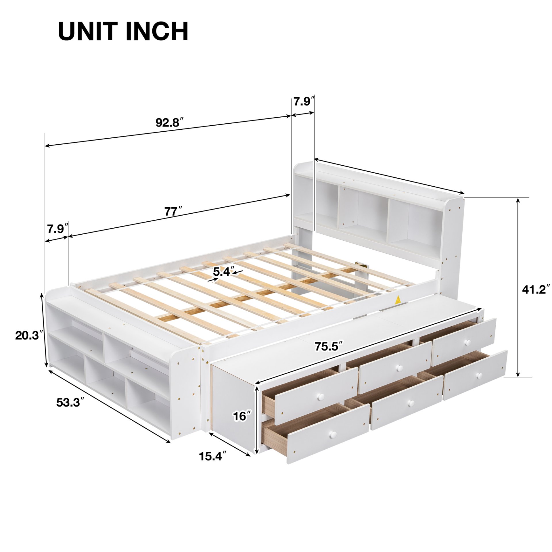 Full Bed With Bookcase Headboard, Under Bed Storage Drawers And Bed End Storage Case - White - Image 8