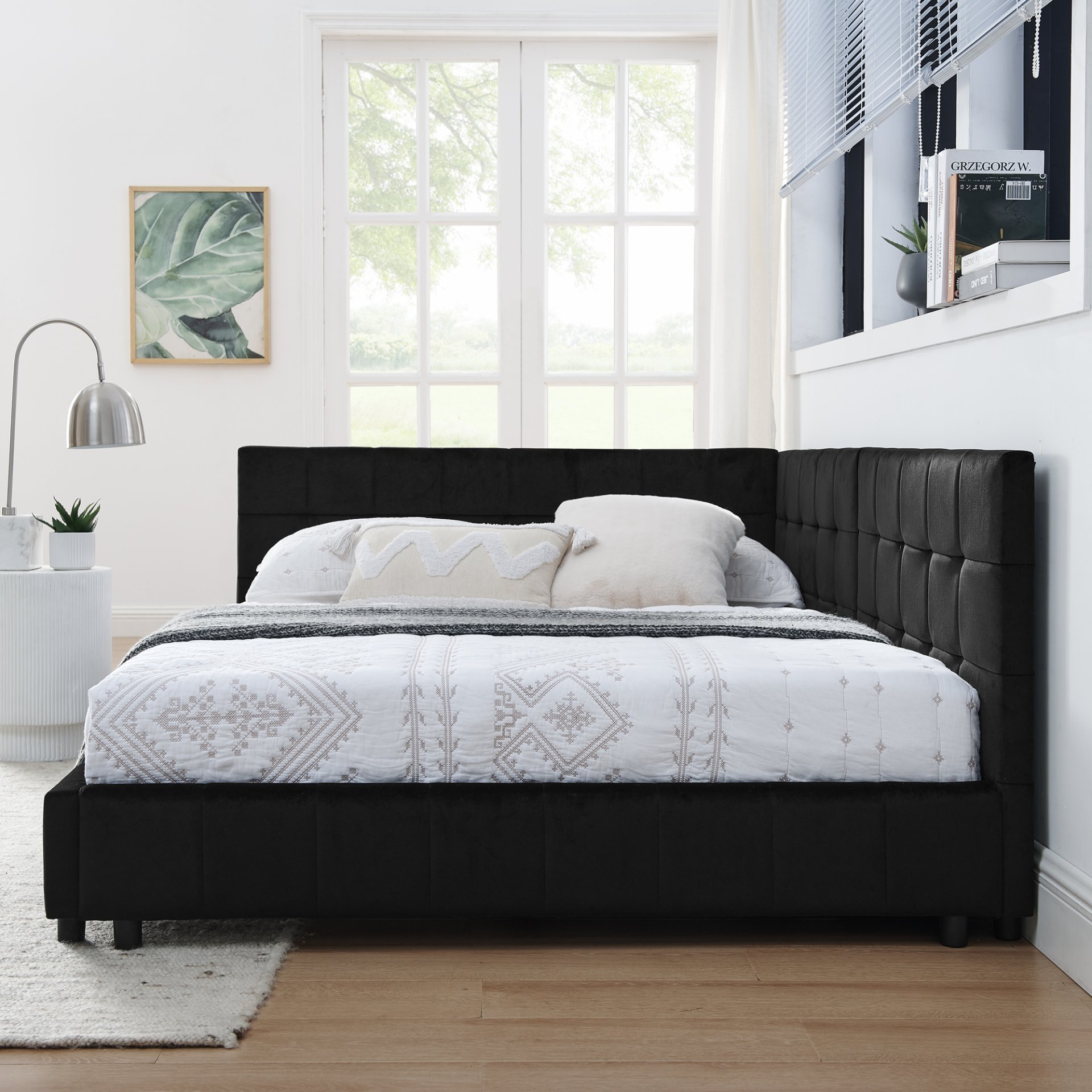Mid Century Full Size Upholstered Tufted Bed Frame & Comfortable Backrest And Armrests Velvet - Black - Image 4