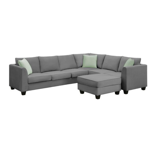 Sectional Sofa Couches Living Room Sets, 7 Seats Modular Sectional Sofa With Ottoman, L Shape Fabric Sofa Corner Couch Set With 3 Pillows - Gray