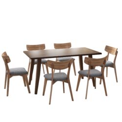 Mid Century 7 Piece Dining Set With Walnut Frame Upholstered Chairs And Wood Table - Dark Gray / Brown