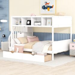 Twin Over Full Bunk Bed With Shelfs, Storage Staircase And 2 Drawers - White