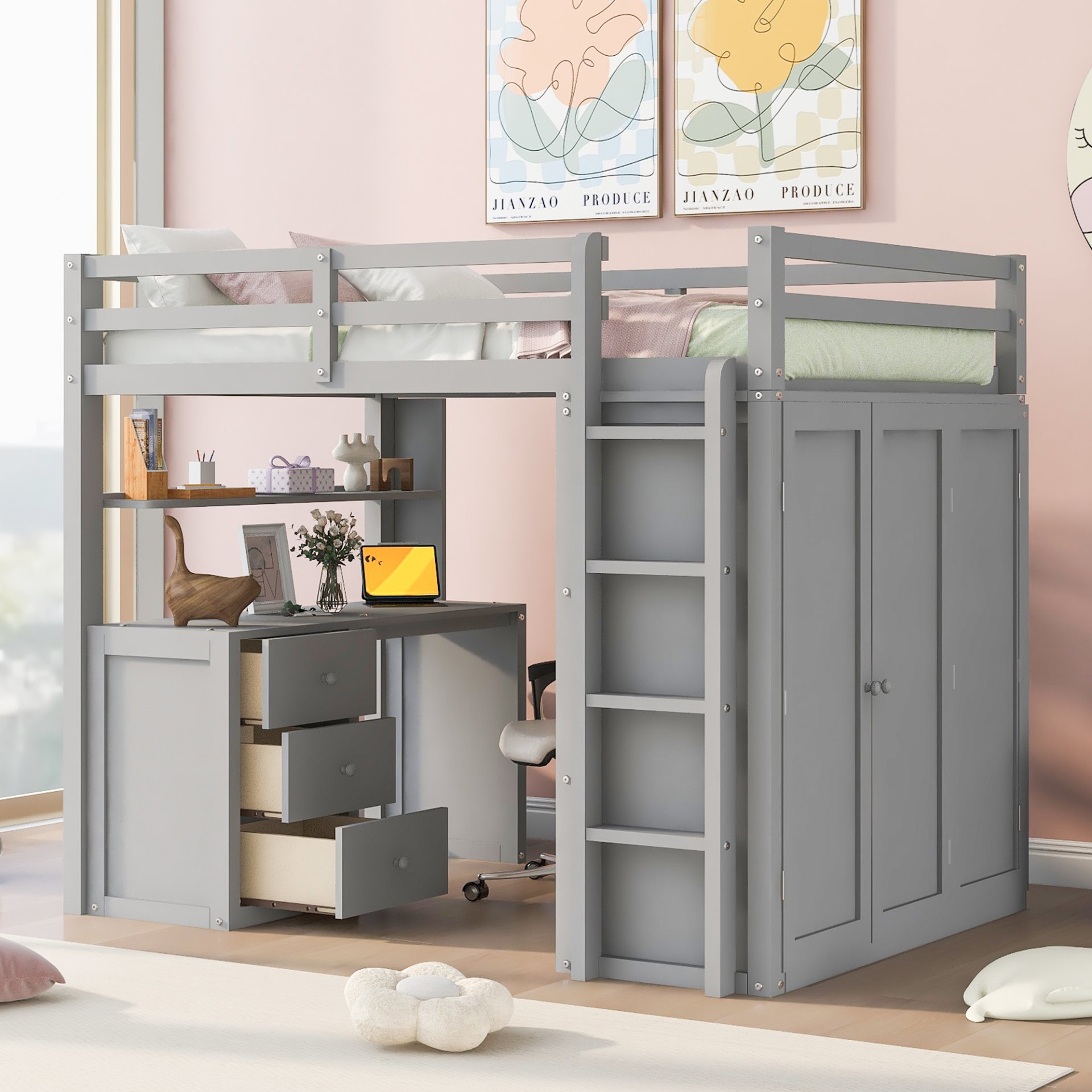 Full Size Loft Bed With Drawers, Desk, And Wardrobe - Gray - Image 3