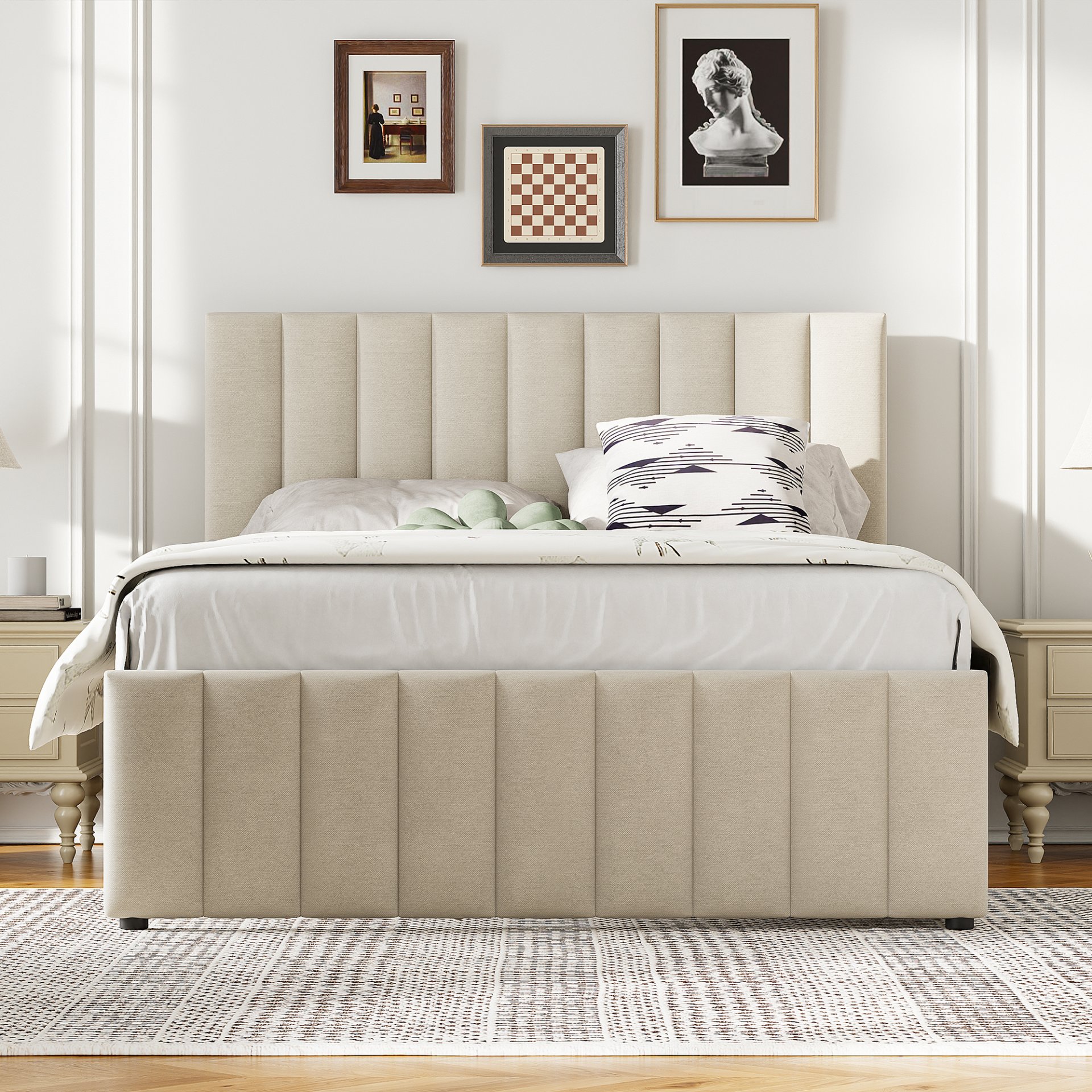 Full Size Upholstered Platform Bed With Twin Size Trundle And 3 Drawers - Beige - Image 2