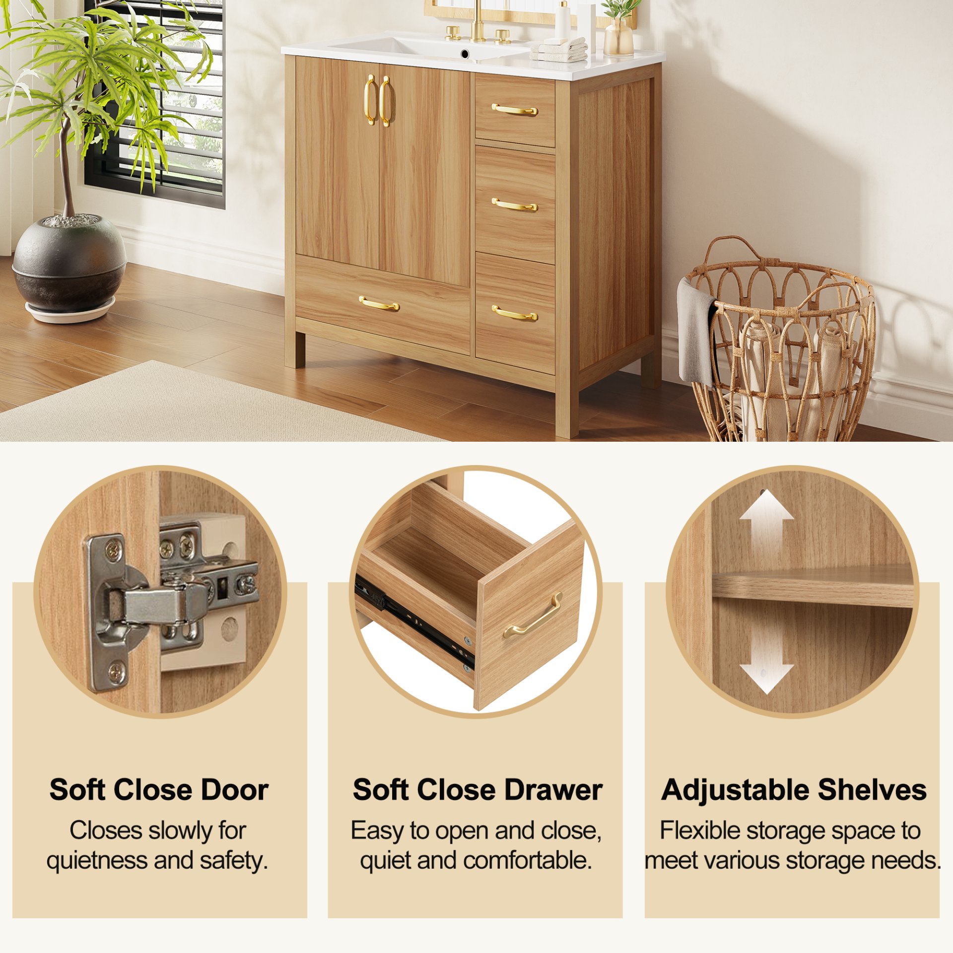 36" Bathroom Vanity, 2 Soft Close Doors, 4 Soft Close Drawers, Adjustable Shelf, Storage Cabinet - Acacia Wood - Image 8
