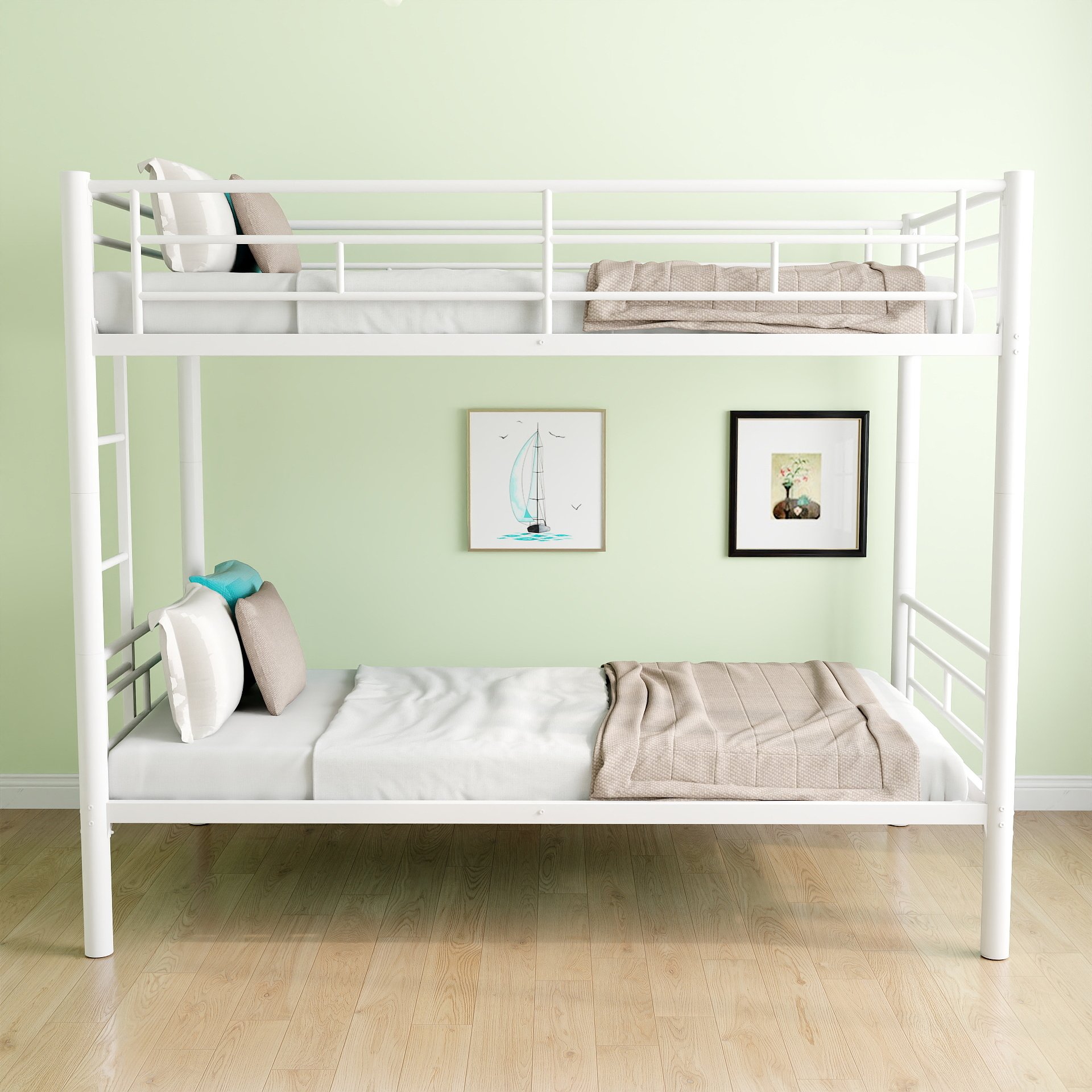 Twin Over Twin Bunk Bed With Ladder, High Guardrail, Storage, Noise Free - White - Image 4