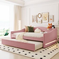 Full Size Upholstered Daybed With Light And Trundle - Pink