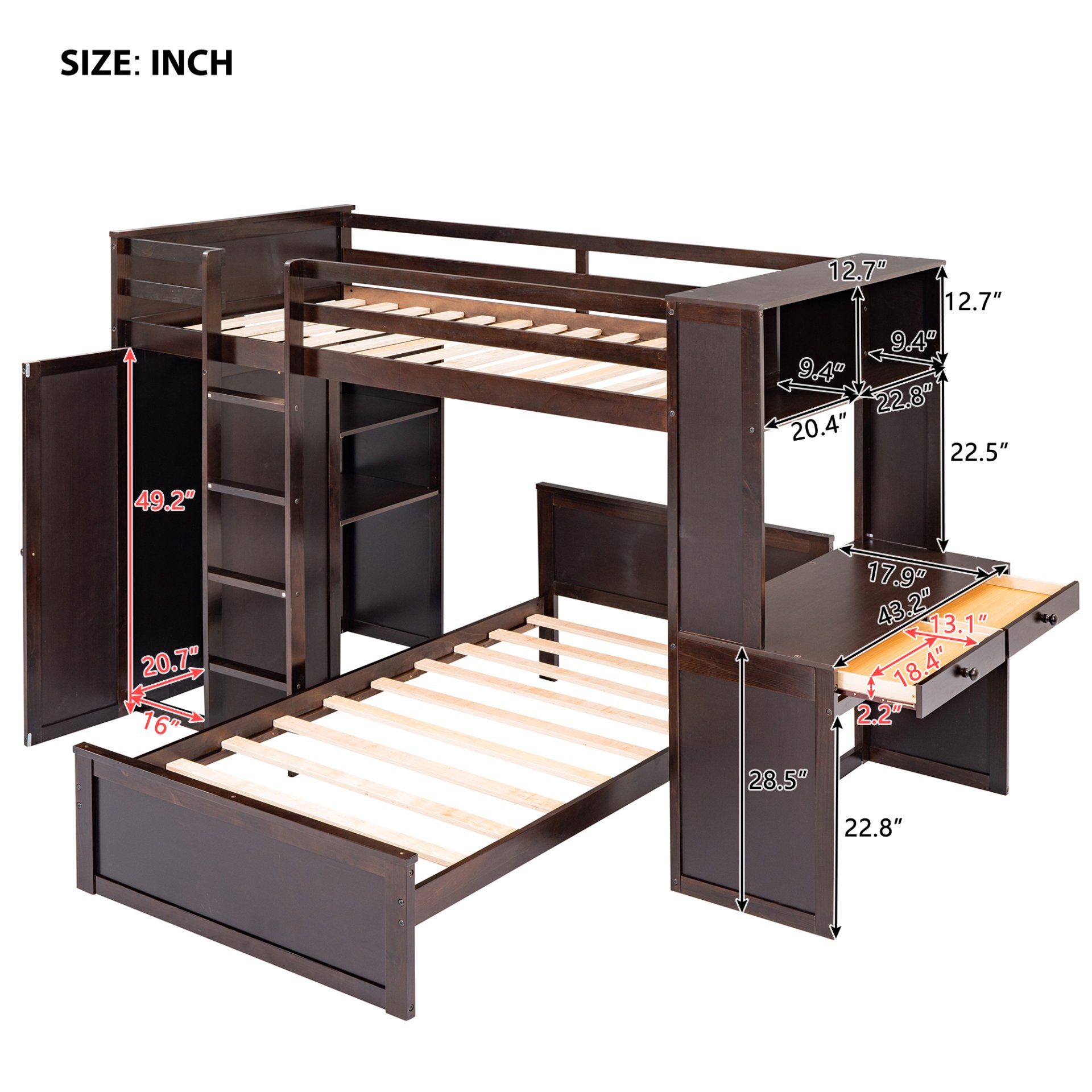 Twin Size Loft Bed With A Stand Alone Bed, Shelves, Desk, And Wardrobe - Espresso - Image 15