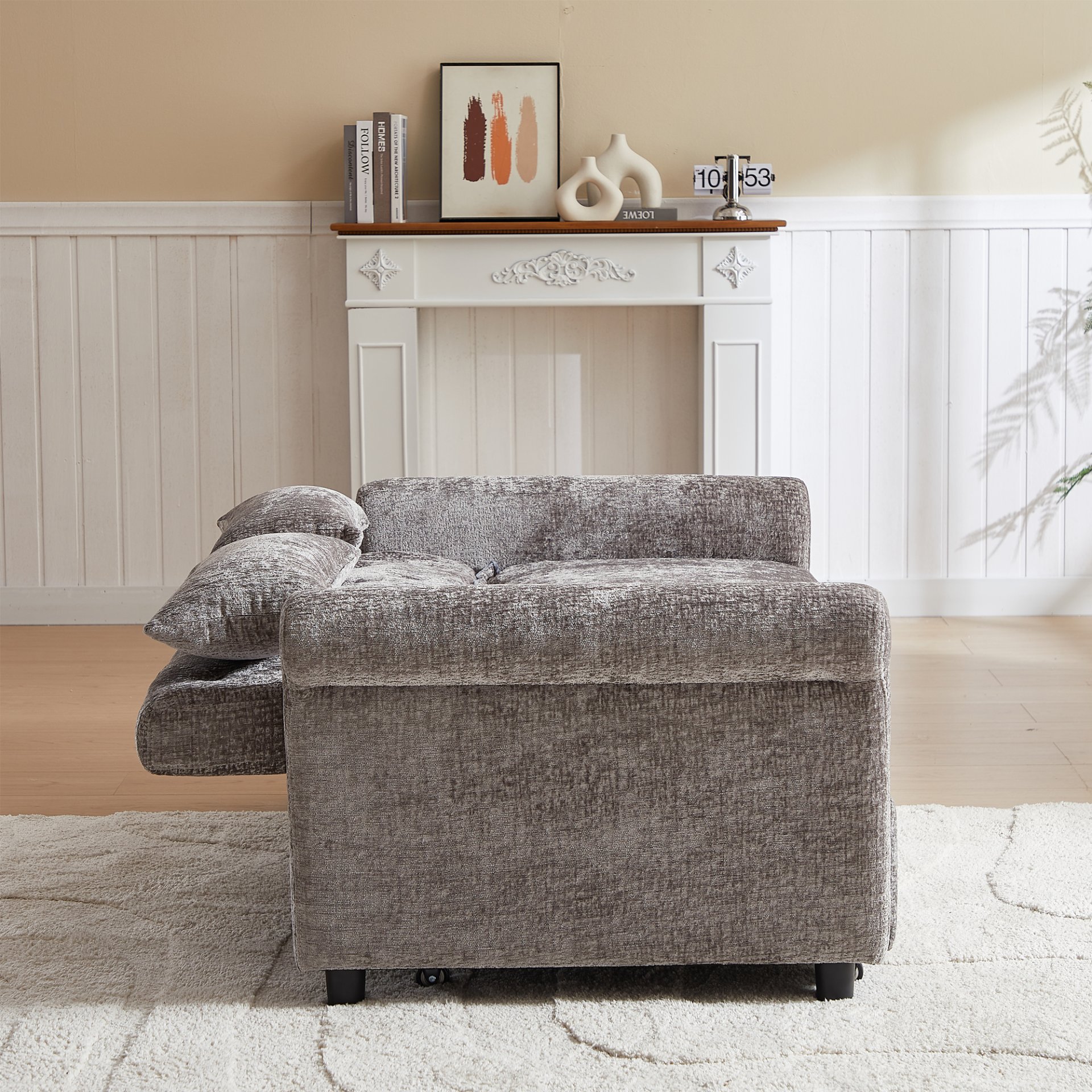 3 In 1 Loveseat Sofa Bed Chenille Fabric Pull Out Couch Sleeper Full Back Frame, Seat Frame, Armrests & 2 Pillows - Light Gray - Image 16