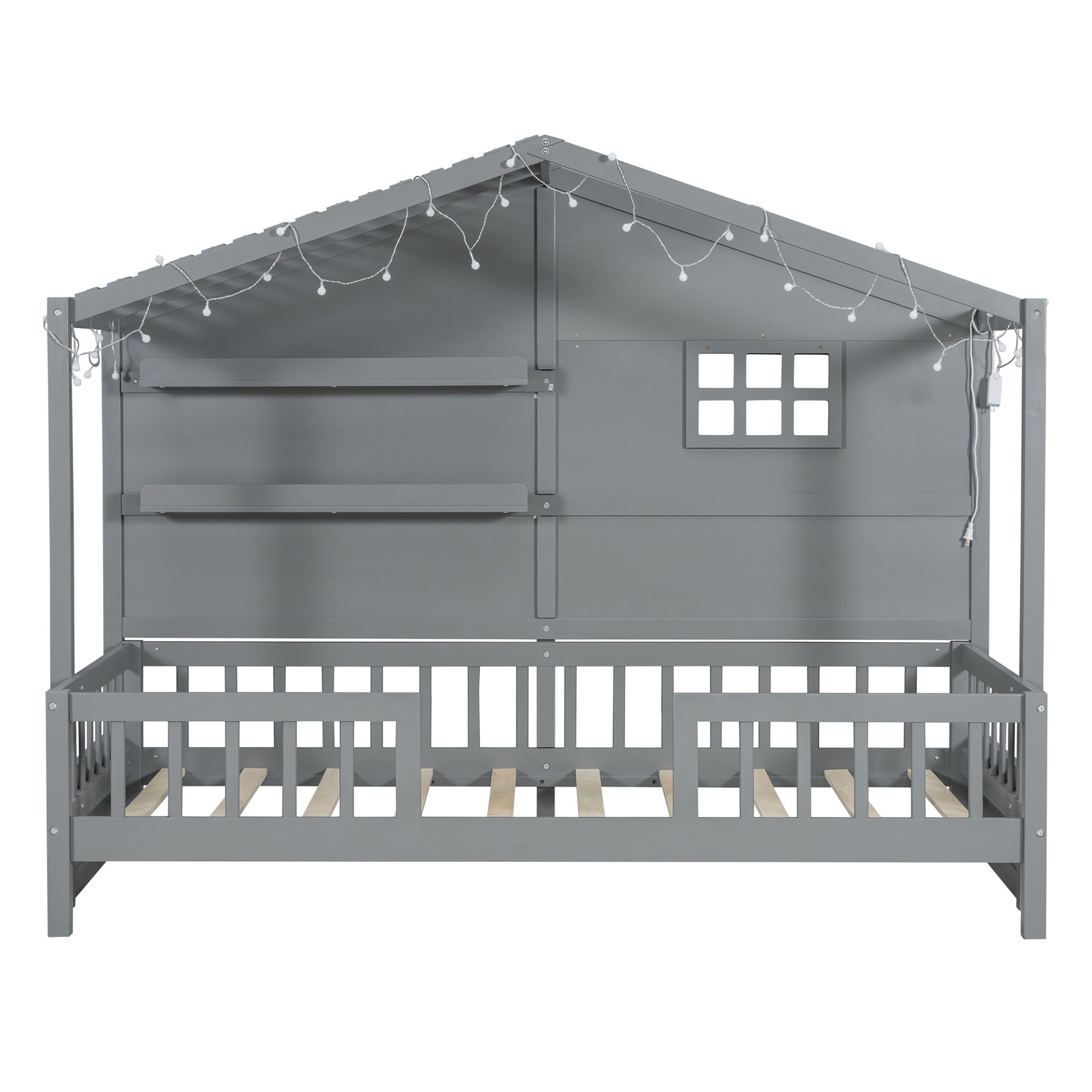Twin Size House Bed With Shelves, Window And Sparkling Light Strip On The Roof - Gray - Image 8