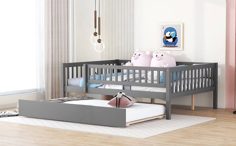 Full Size Daybed With Trundle And Fence Guardrails - Gray - Image 15