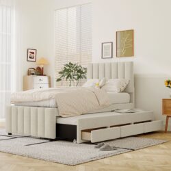Twin Size Upholstered Platform Bed With Trundle And 3 Drawers - Beige
