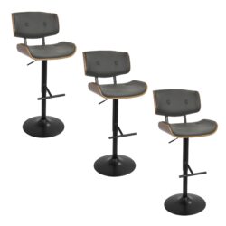 Lombardi - Mid-Century Modern Adjustable Barstool With Swivel With Straight T Footrest (Set of 3) - Black / Walnut / Gray