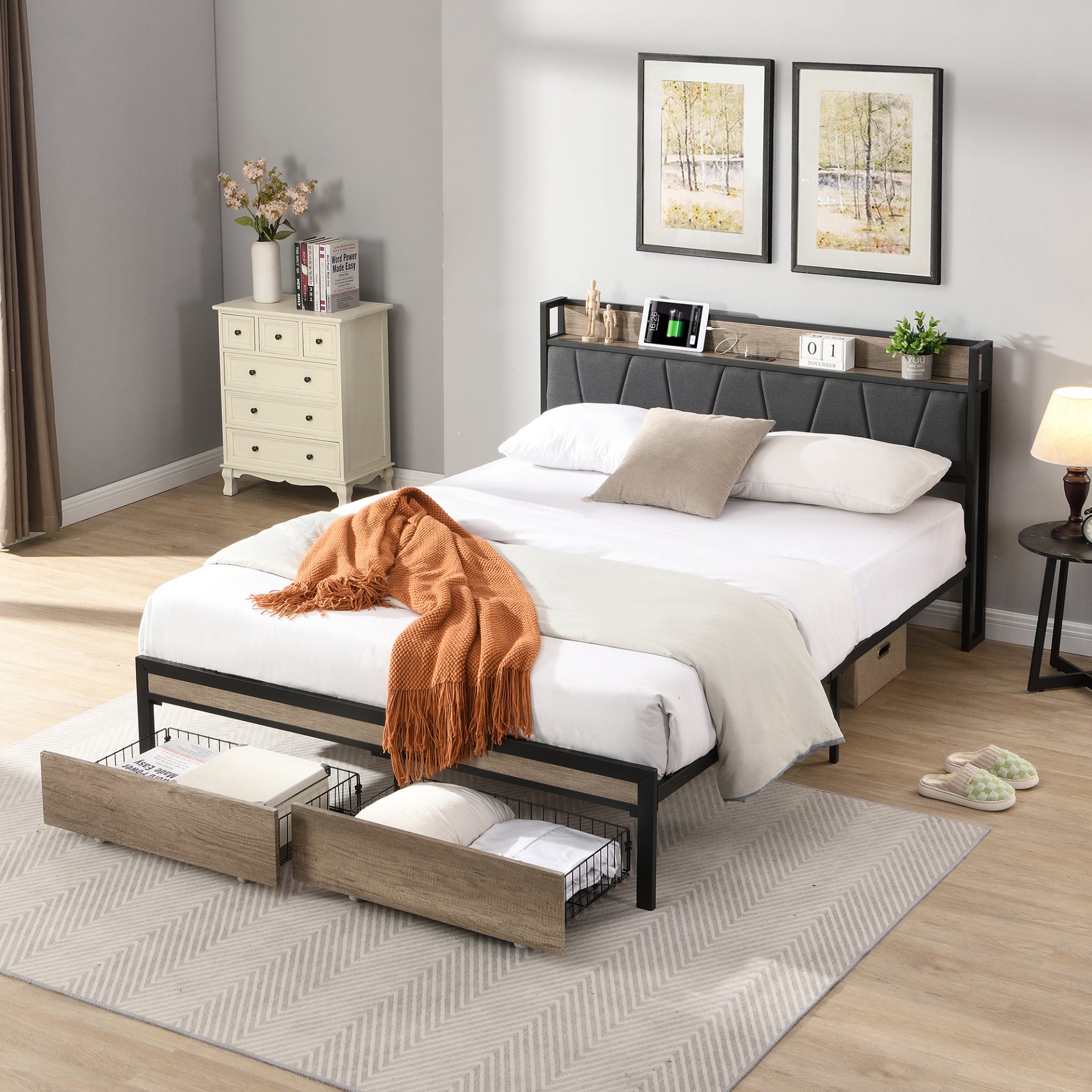 Queen Size Metal Platform Bed Frame With Upholsteryolstery Storage Function Headboard And USB Liner And Footboard With Drawers, No Box Spring Needed, Large Under Bed Storage - Gray - Image 2