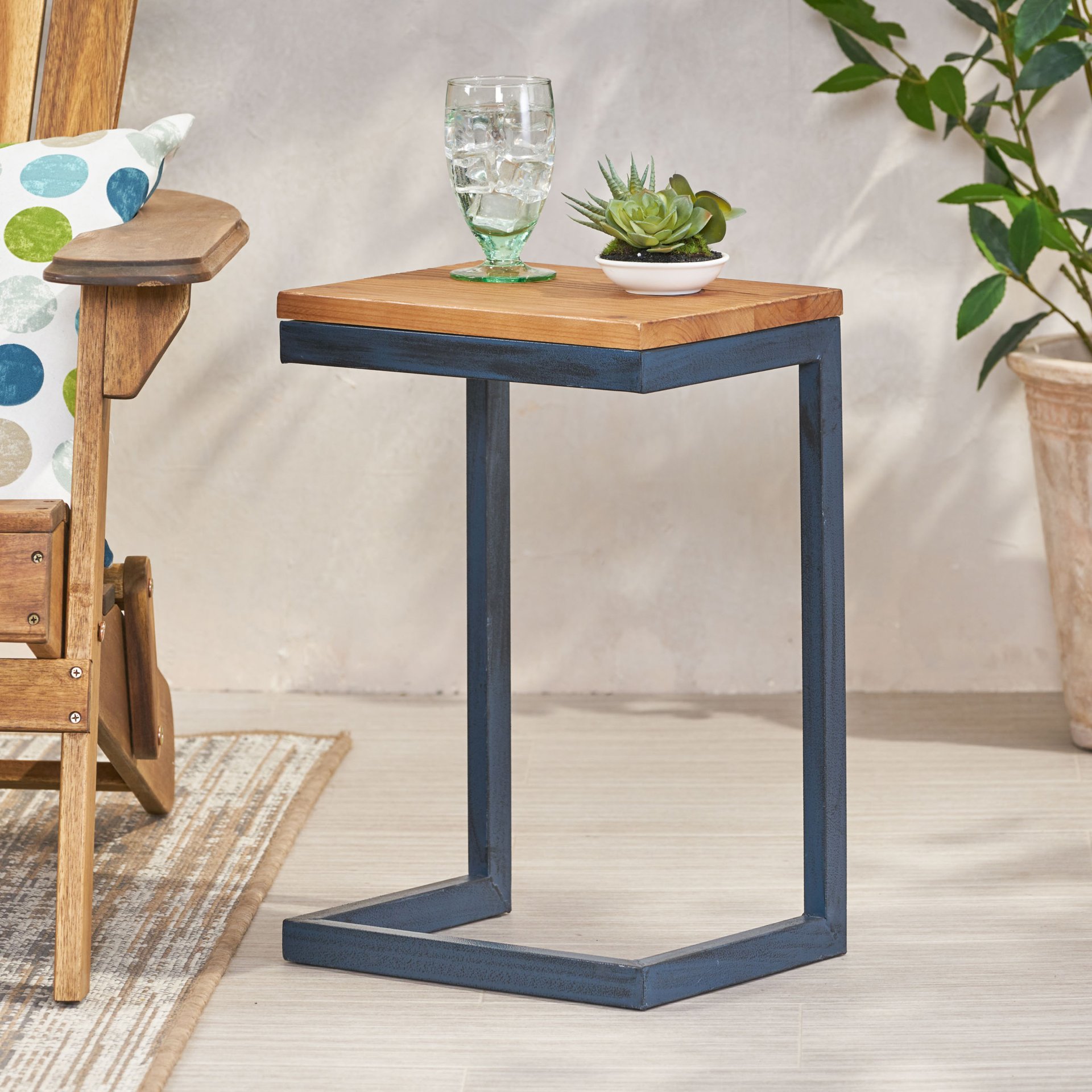 Small C Shaped End Table With Iron Base And Fir Wood Top - Black - Image 9
