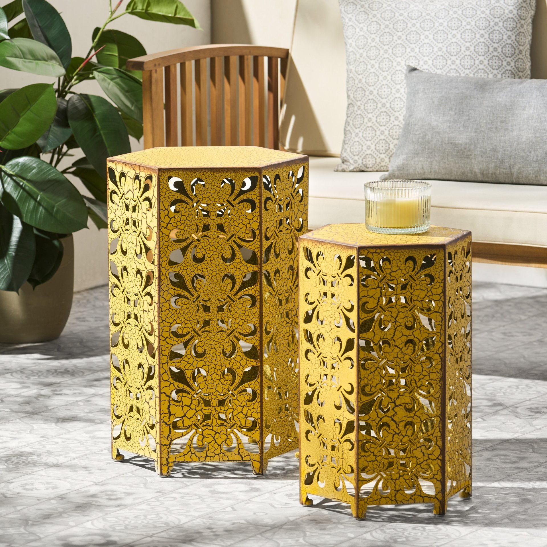 Outdoor Hexagonal Accent Table Set With Charming Fleur De Lis Panel Sides - Antique Yellow - Image 9
