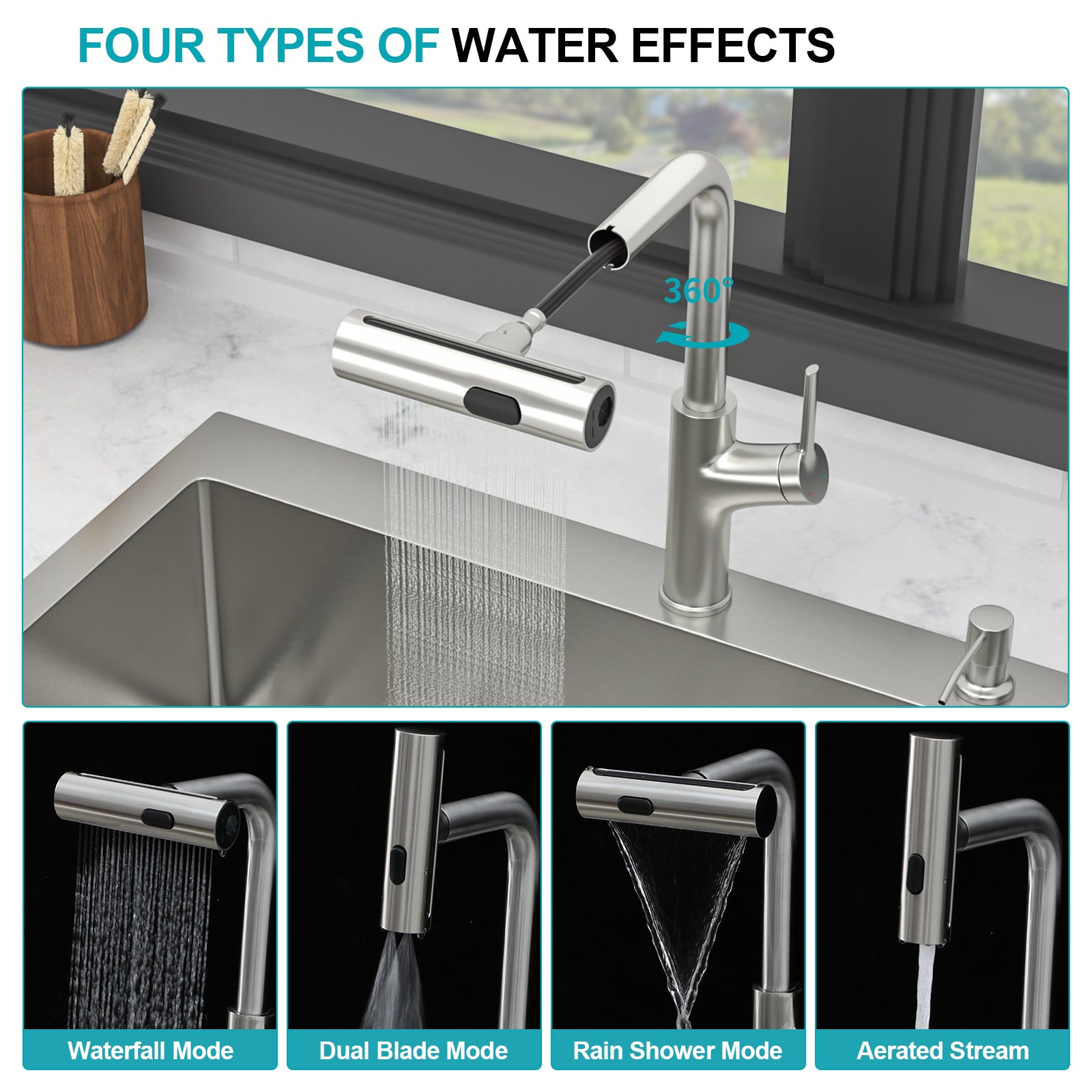 30" Single Bowl Drop In Kitchen Sink With Pull Out Faucet And Soap Dispenser - Brushed Nickel - Image 8