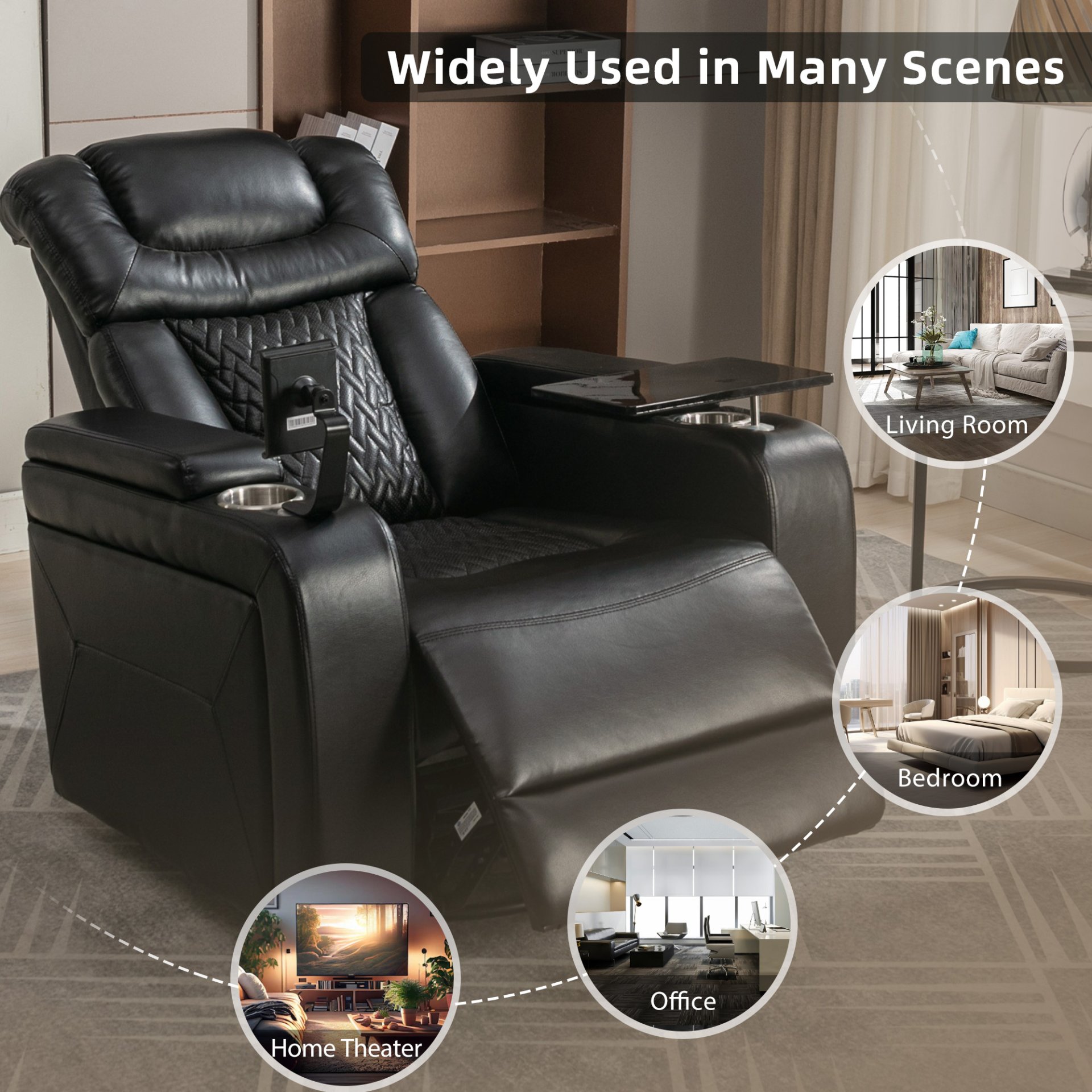 Home Theater Recliner With 270 Degree Swivel, Tray Table, Phone Holder, Cup Holder & USB Port - Black - Image 8