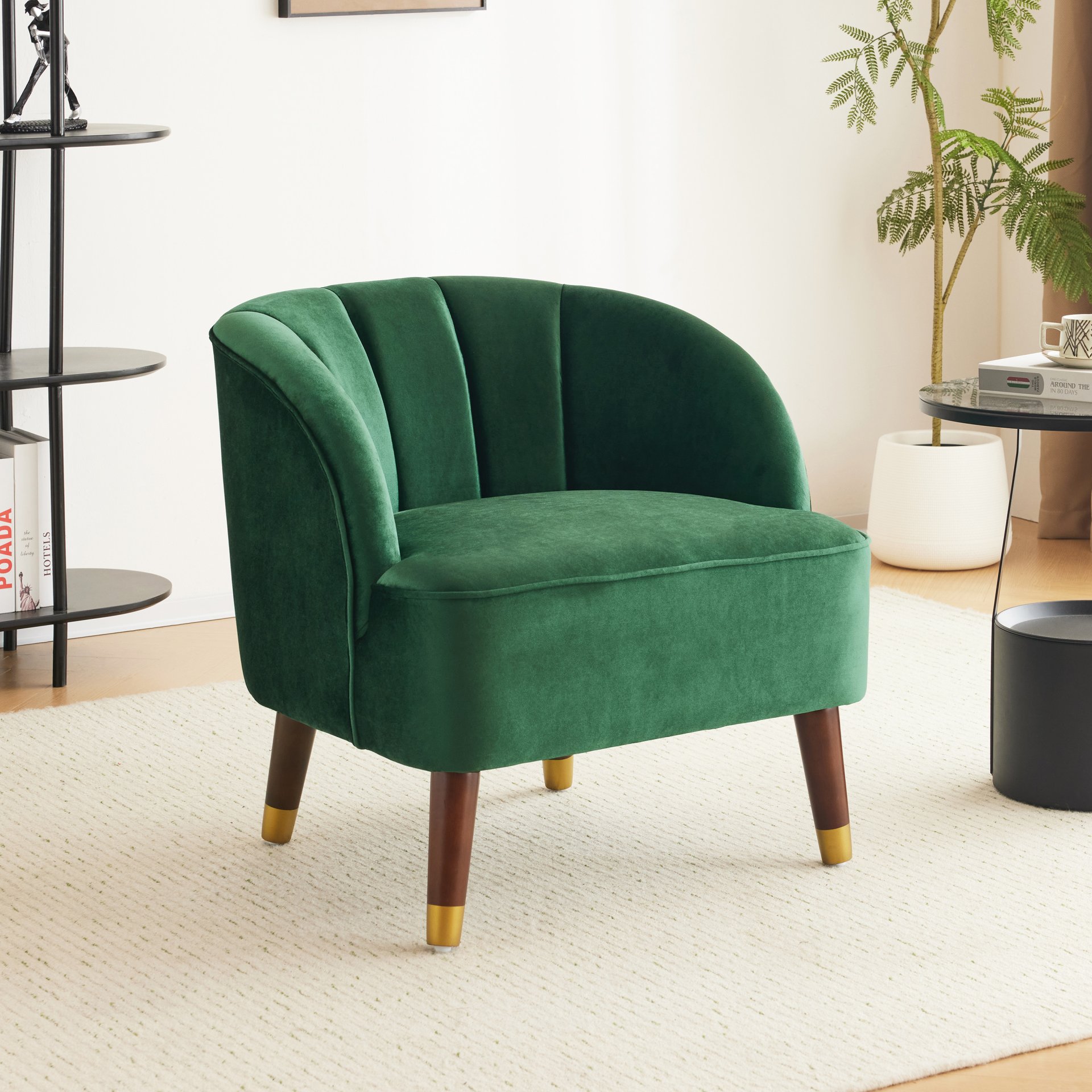 Luxurious Upholstered Barrel Accent Chair With Wooden Legs - Emerald - Image 2