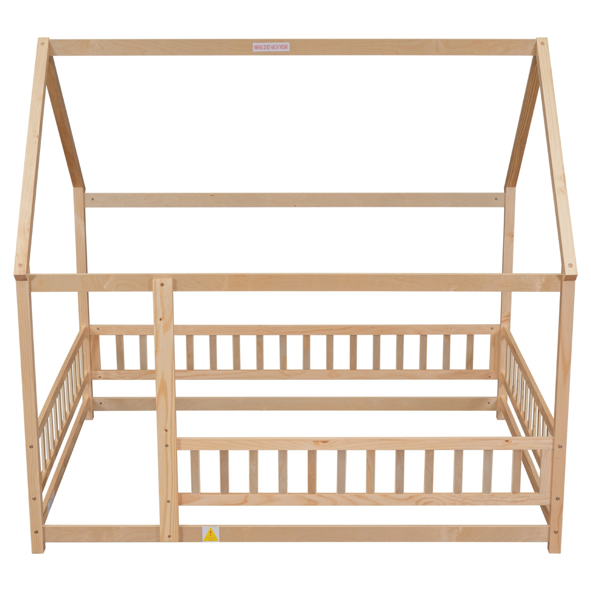 Full Size Floor Wooden Bed With House Roof Frame, Fence Guardrails - Nartural - Image 11